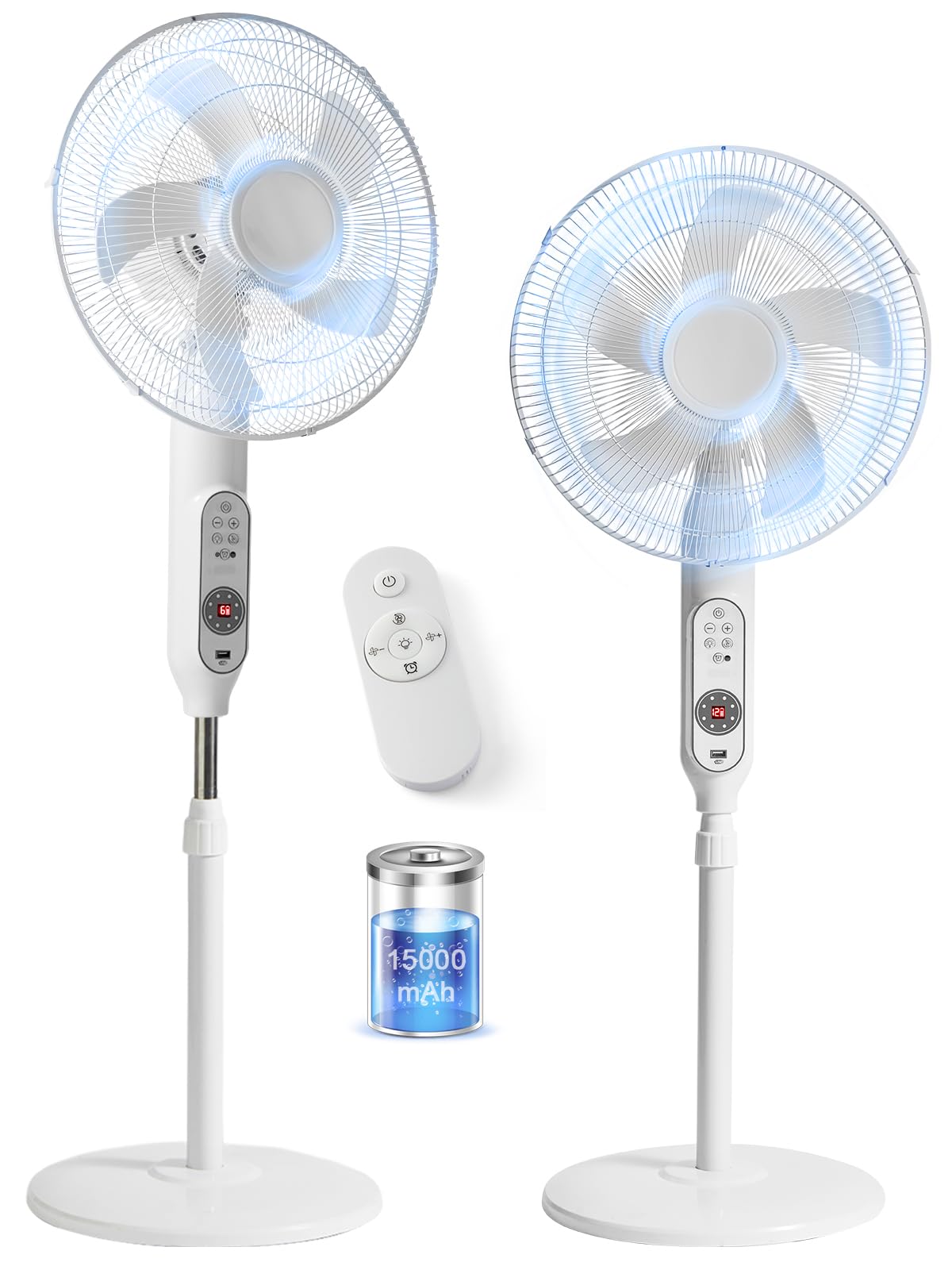 Rechargeable Floor Standing Fan with Remote - 12" Quiet Oscillating Pedestal Fan with 15000mah Battery 1-12H Timer 12 Speeds for Home Patio Office Outdoor (Mi-White)