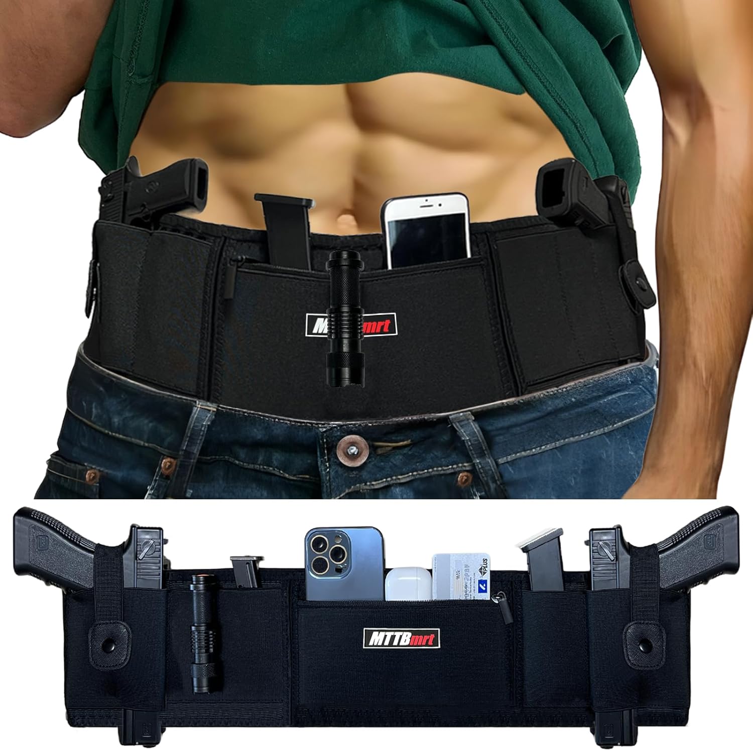 Concealed Carry Holster for 2 Guns - Belly Band Holster for Men, Women, Tactical Elastic Waistband Pistols Adjustable Belly Wrap, IWB OWB Magazine Pouch Fits