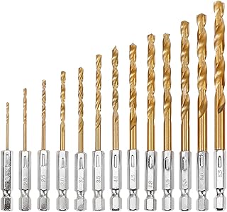 13Pcs Titanium Coated Twist Drill Bit Set with Hex Shank, 135 Degree Tip HSS Impact Drill Bit Set for Wood Metal Plastic DIY, Quick Change Design（1/16"-1/4"）