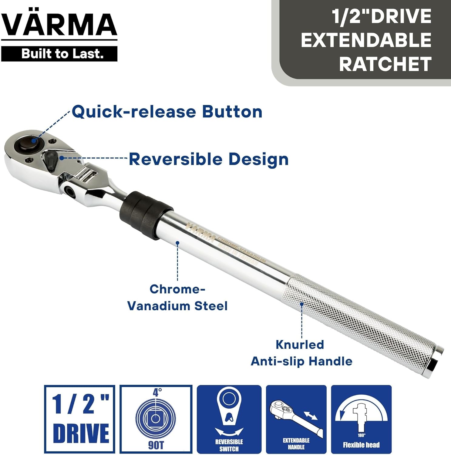 1/2" Drive Ratchet – 13.7–19.2" 6-Stage Extendable Handle, 90T Flex Head, Quick Release, Chrome Vanadium