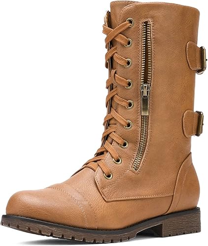 DREAM PAIRS Women's Combat Boots, Mid Calf Built-in Wallet Pocket Lace up Military Ankle Booties