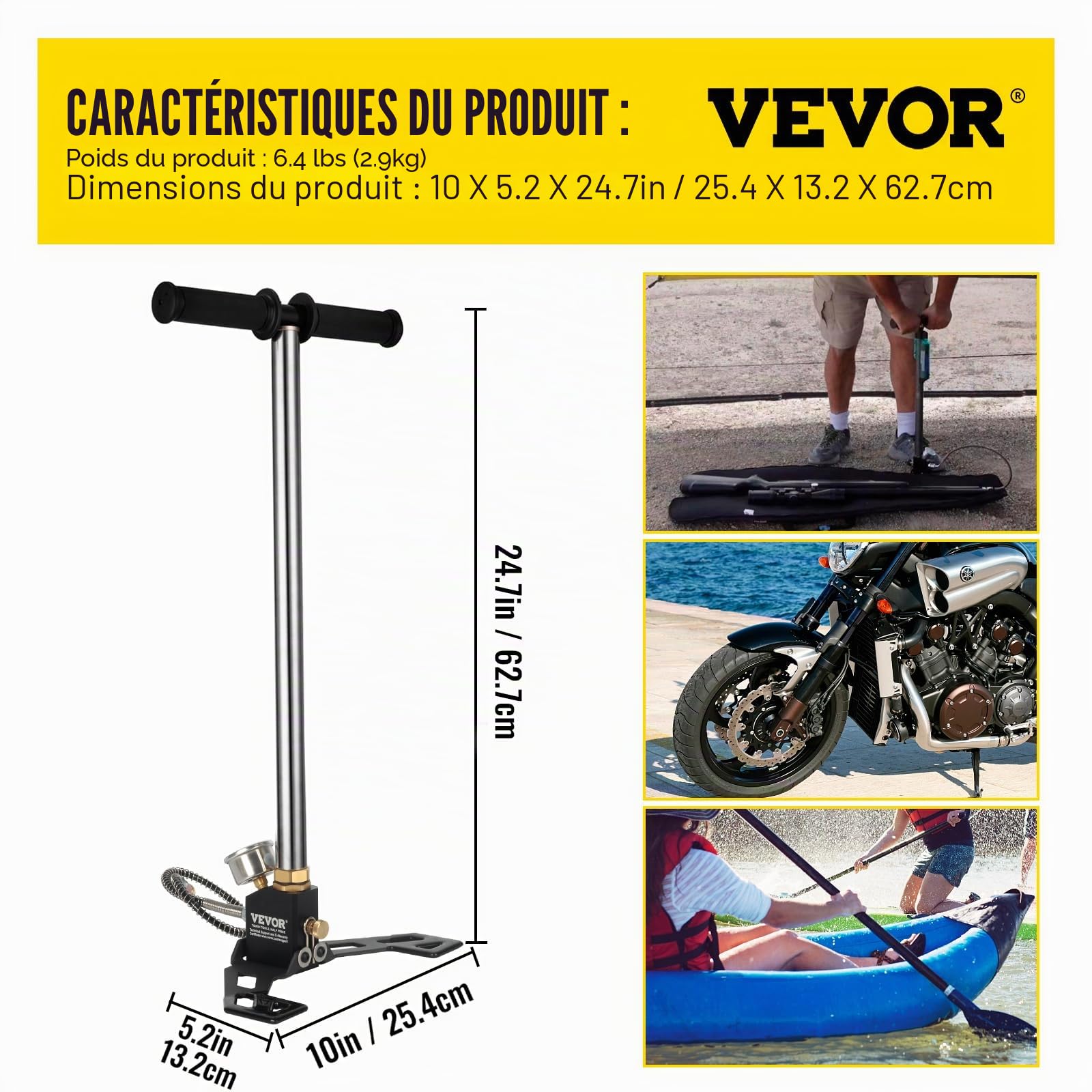 VEVOR Pompe de Remplissage de gaz d'air 4500 PSI Pompe à étrier de Charge PCP à 3 Niveaux Pompe à air PCP Haute Pression pour Cylindre de Propulsion d'air et Cylindre PCP, pour Sports de Plein air et