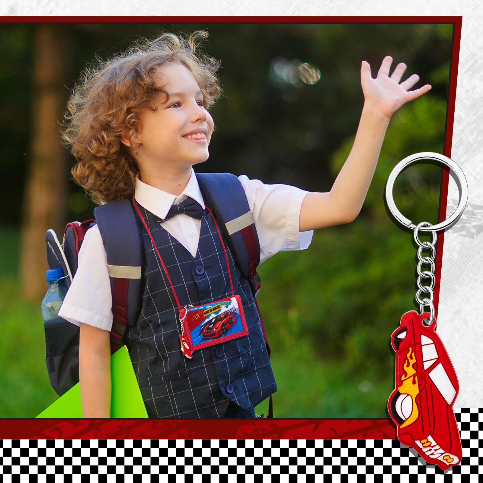 Hestya Porte-Monnaie pour Enfant Garçon Fille Portefeuille en Nylon avec Porte-Clés Pochette Tour de Cou de Voyage Portefeuille à Trois Volets Cadeau d'anniversaire(Course)