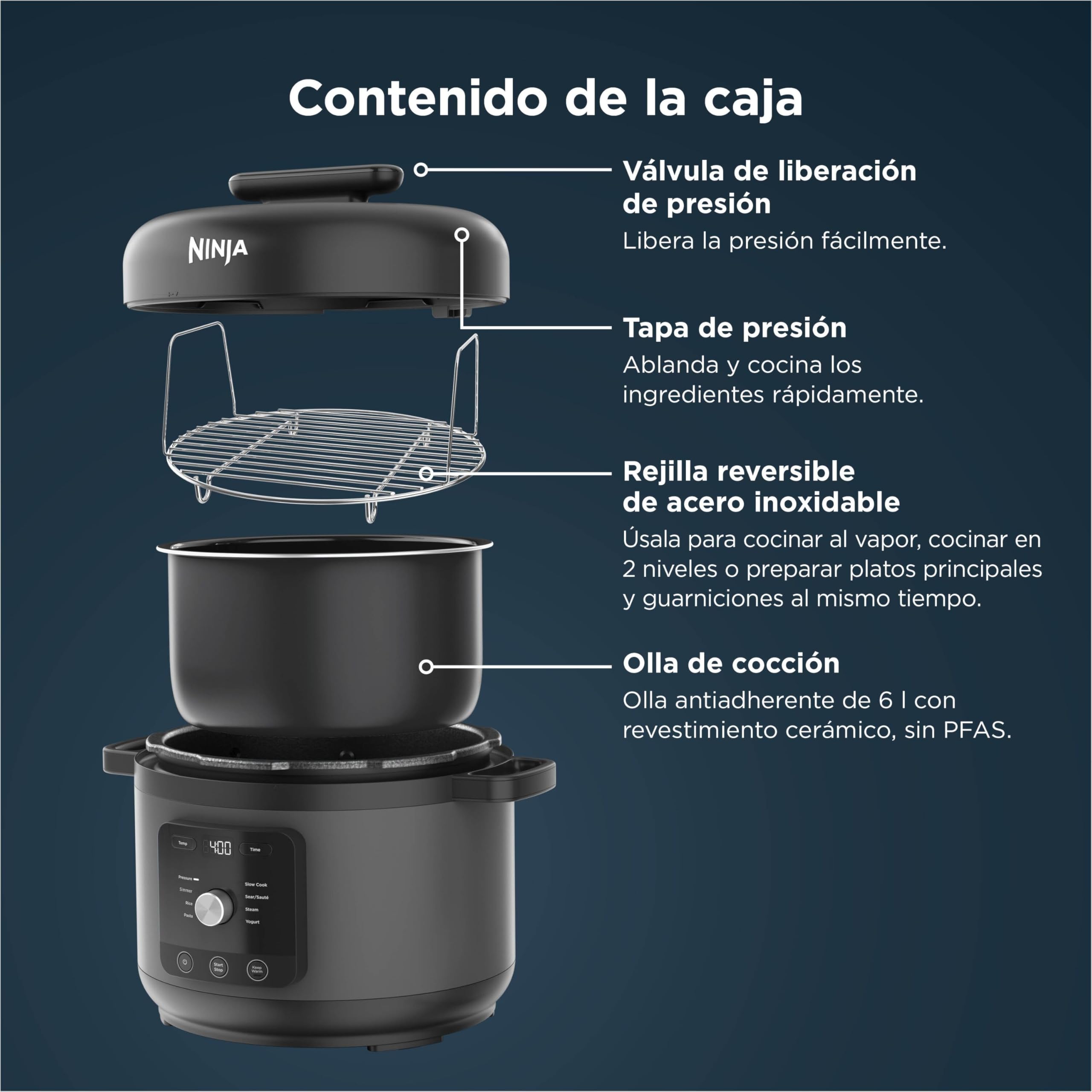 Ninja HyperHeat, Olla a Presión 9 en 1, 6L, Negro, PC201EU | Olla de Cocción Lenta y Arrocera, Incluye Rejilla para Vapor y Recipiente de Cocción Extraíble Apto para Lavavajillas