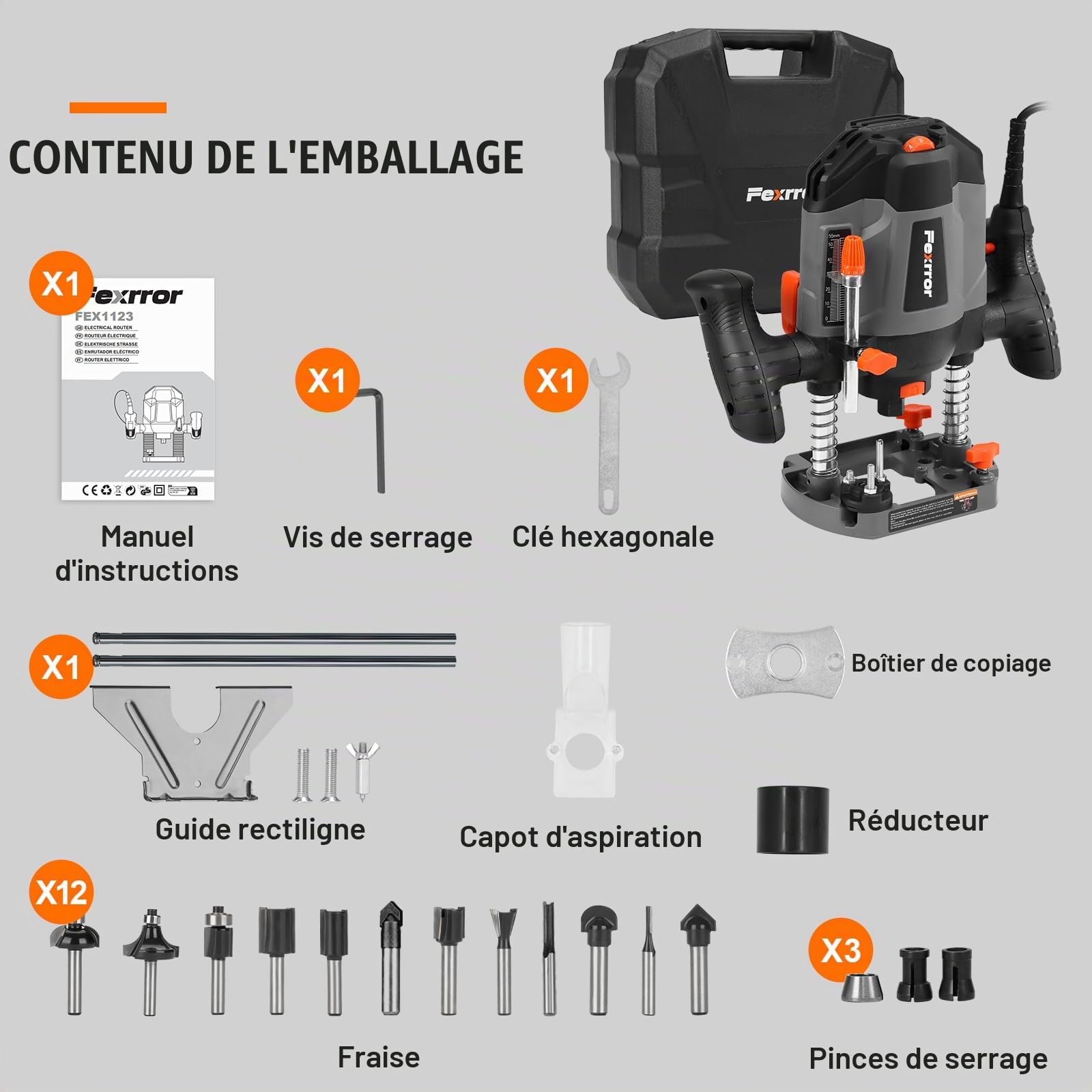 Affleureuse Défonceuse a Bois 1200W, Fexrror Affleureuse avec 30000 RPM, 7 Vitesses, Set de 12 Fraises, Port de Poussière, Support de Eail Parallèle, Réglage de la Profondeur de Fraisage