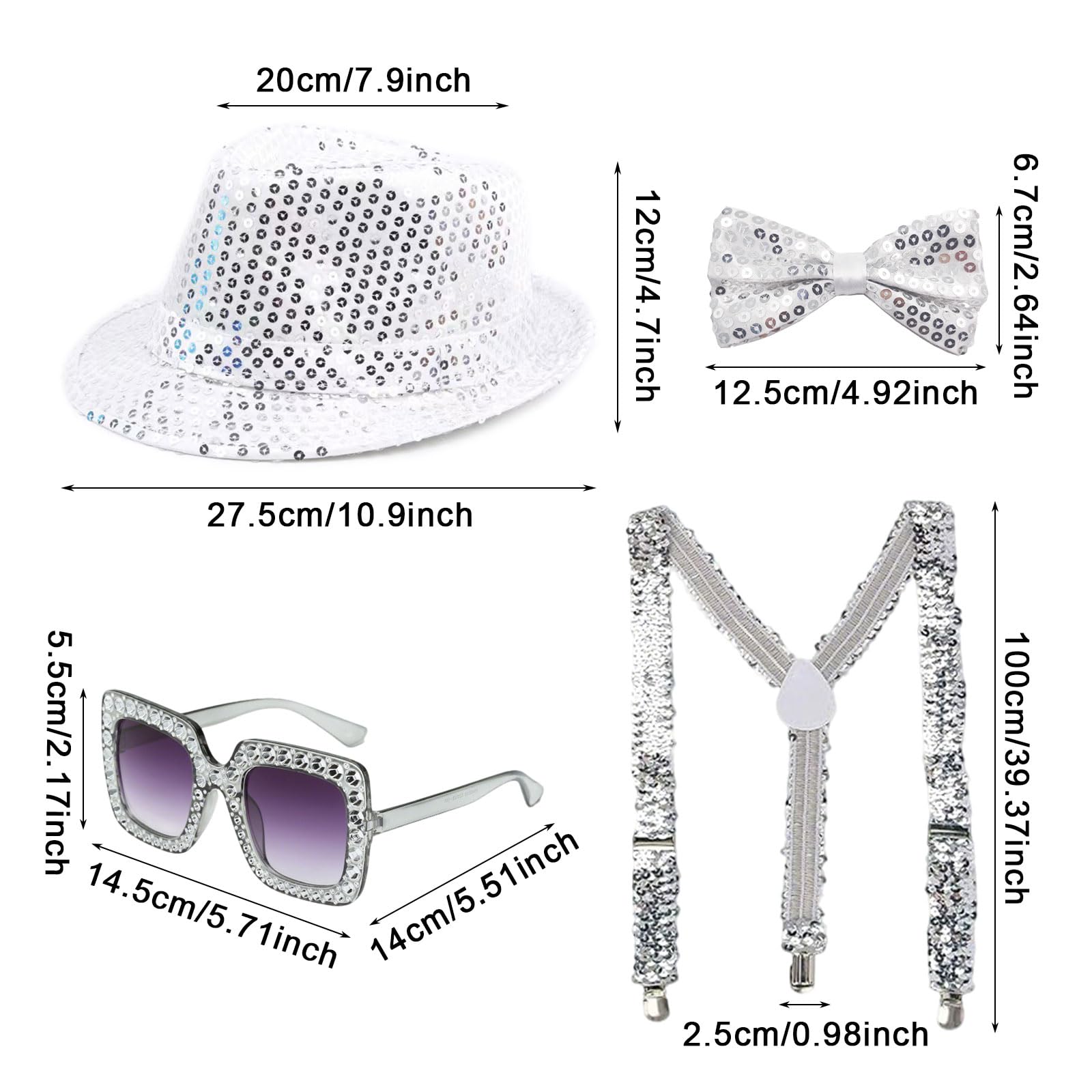YAUOIPI 4 Pcs Jazz Dance Disco Costume Set, Sequins Hat, Suspenders, Bow Tie, Square Bling Sunglasses - Image 2
