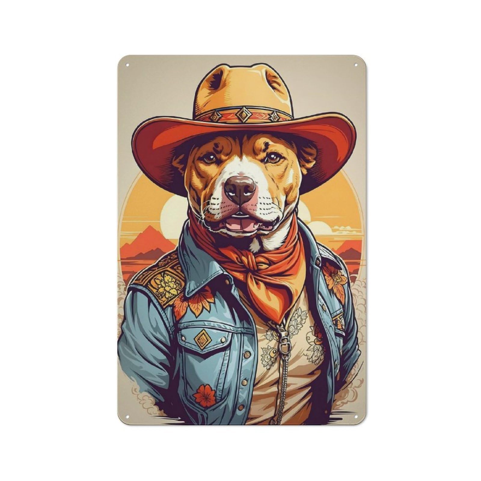 Junmoney Pitbull Dog Cowboy Metal Wall Sign 30X20cm Featuring For Home Bar Wall, For Themed Interiors In Home Bars And Entertaining Spaces