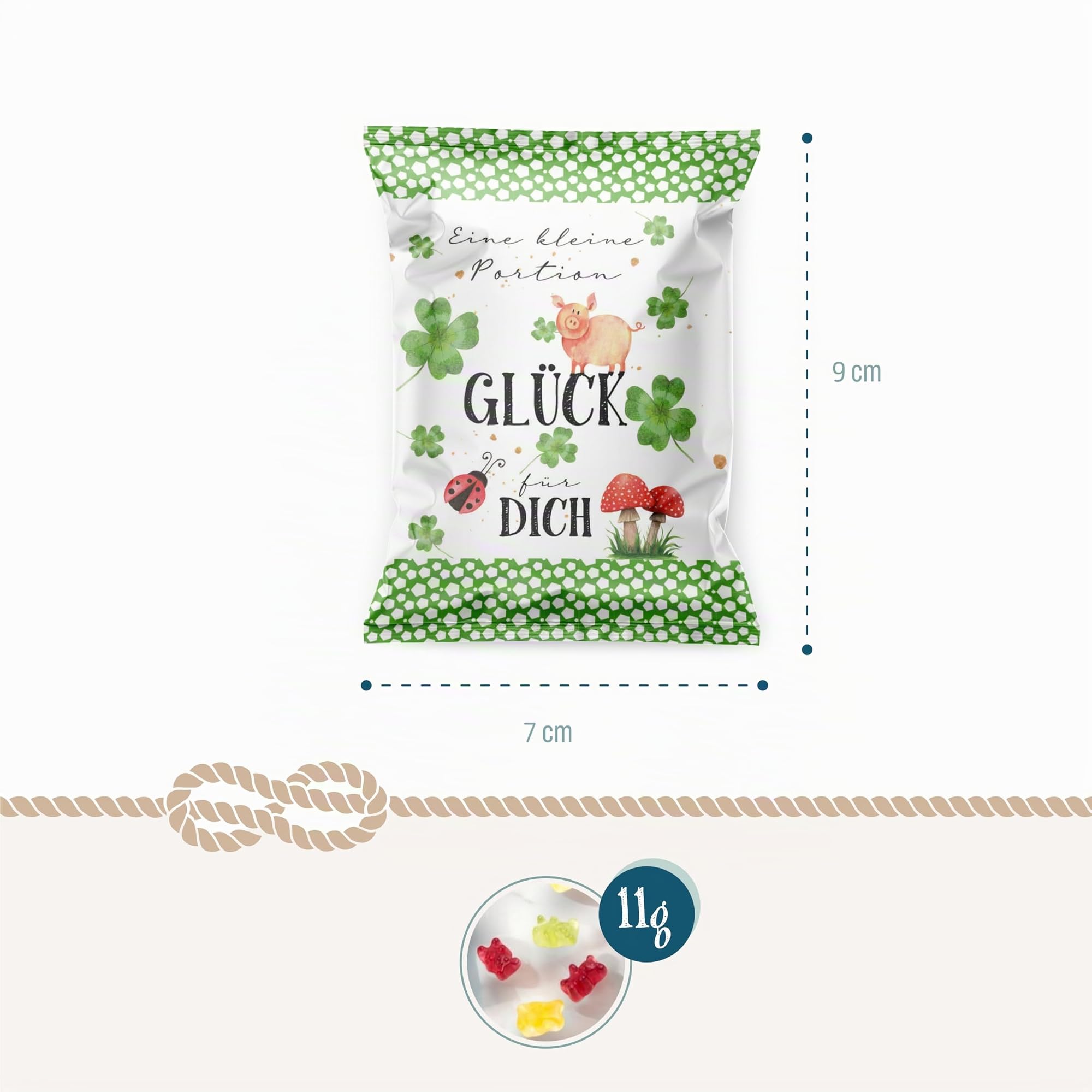 Viel Glück Geschenke Fruchtgummi Tütchen, 100 Stück: Kleine Gastgeschenke Glücksbringer für Prüfung, Silvester, Neujahr, Hochzeit, Kleeblatt 7 x 9 cm
