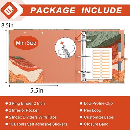 Miniatura 5 de Carpeta pequeña de 2 pulgadas, 3 anillos para papel de 5.5 x 8.5 pulgadas, bonita carpeta pequeña de tres anillos con separadores de 5 pestañas y
