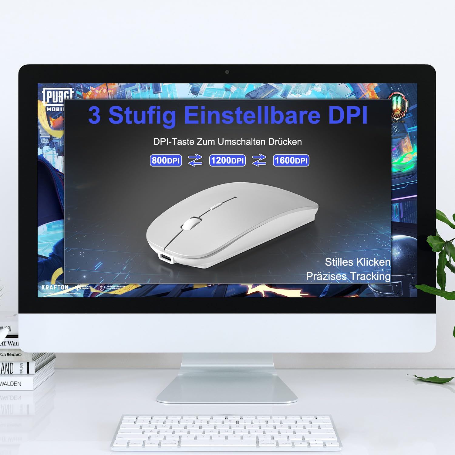 Mouse Wireless Bluetooth 5.2/3.0 + 2.4G USB-A/C – Ricaricabile USB-C, Click Silenzioso, 3 DPI (800/1200/1600), Jiggler Integrato – per iPad, MacBook, Laptop e PC Windows