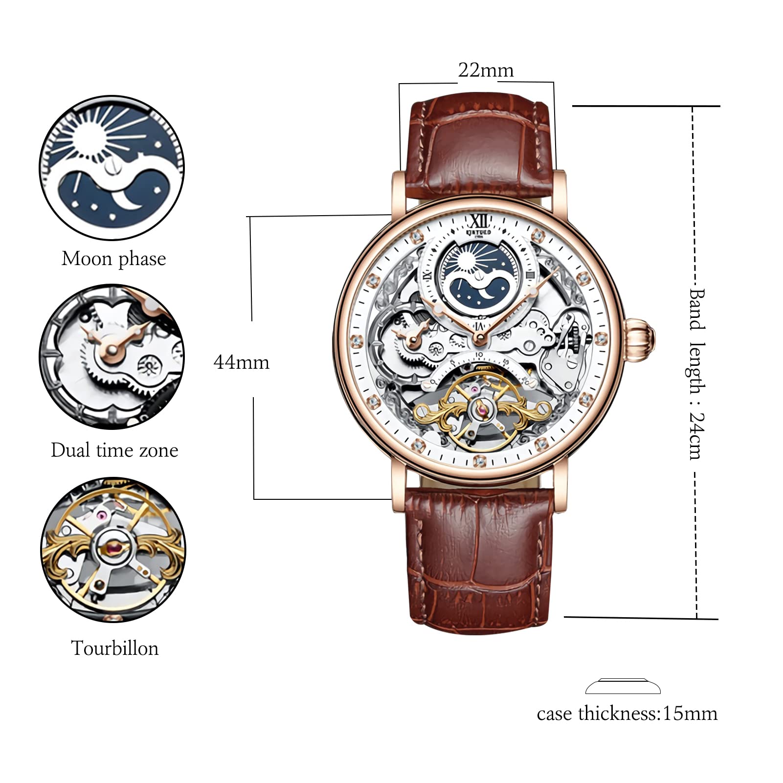 Tourbillon Herren-Armbanduhr mit Mondphasen, automatische Armbanduhr, modisch, Business, luxuriös, Skelett, doppelte Zeit, selbstaufziehendes Lederband, rot / goldfarben