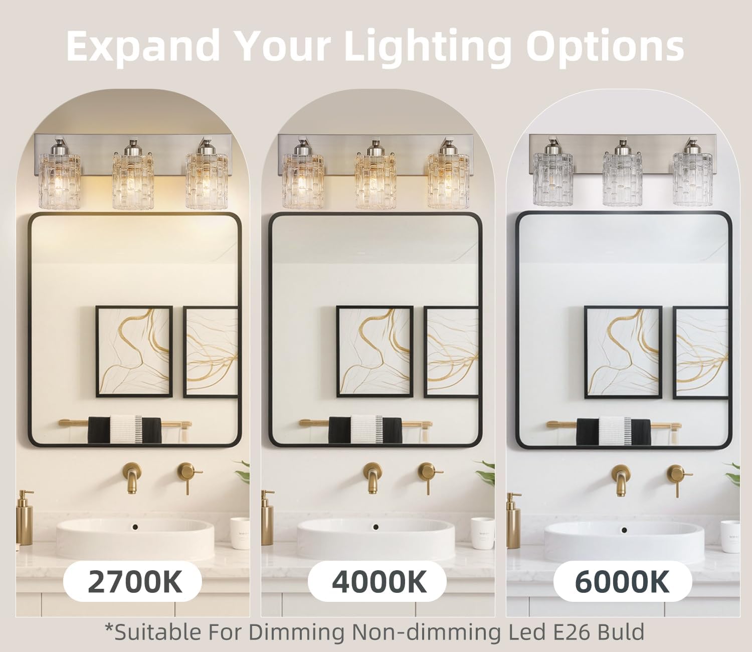 3-Light Crystal Bathroom Vanity Light Over Mirror, Nickel Modern Wall Light Fixture for Bathroom, Living Room, Bedroom, Hallway