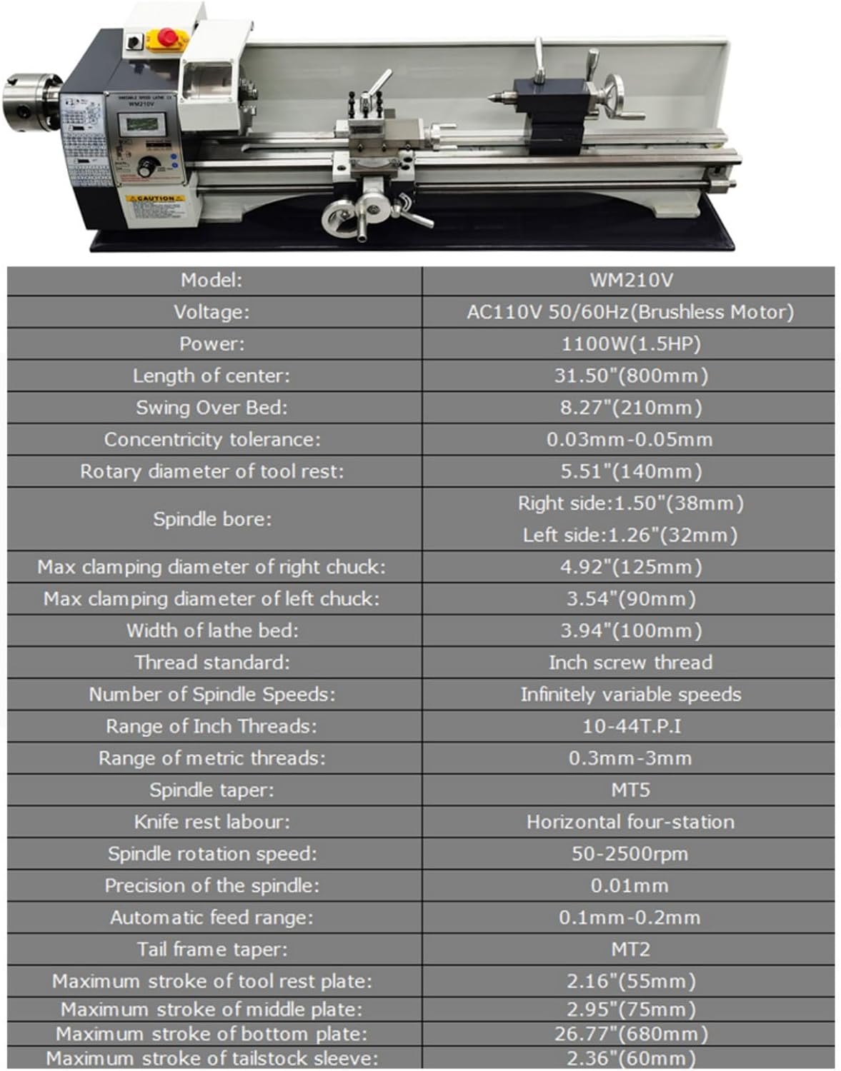 Mini Metal Lathe Double Head Double Chuck WM210V 1100W Benchtop Metal Wood Horizontal Lathe Inch Thread 50-2500rpm Variable Speed 8"×32" Wood Horizontal Processer 110V
