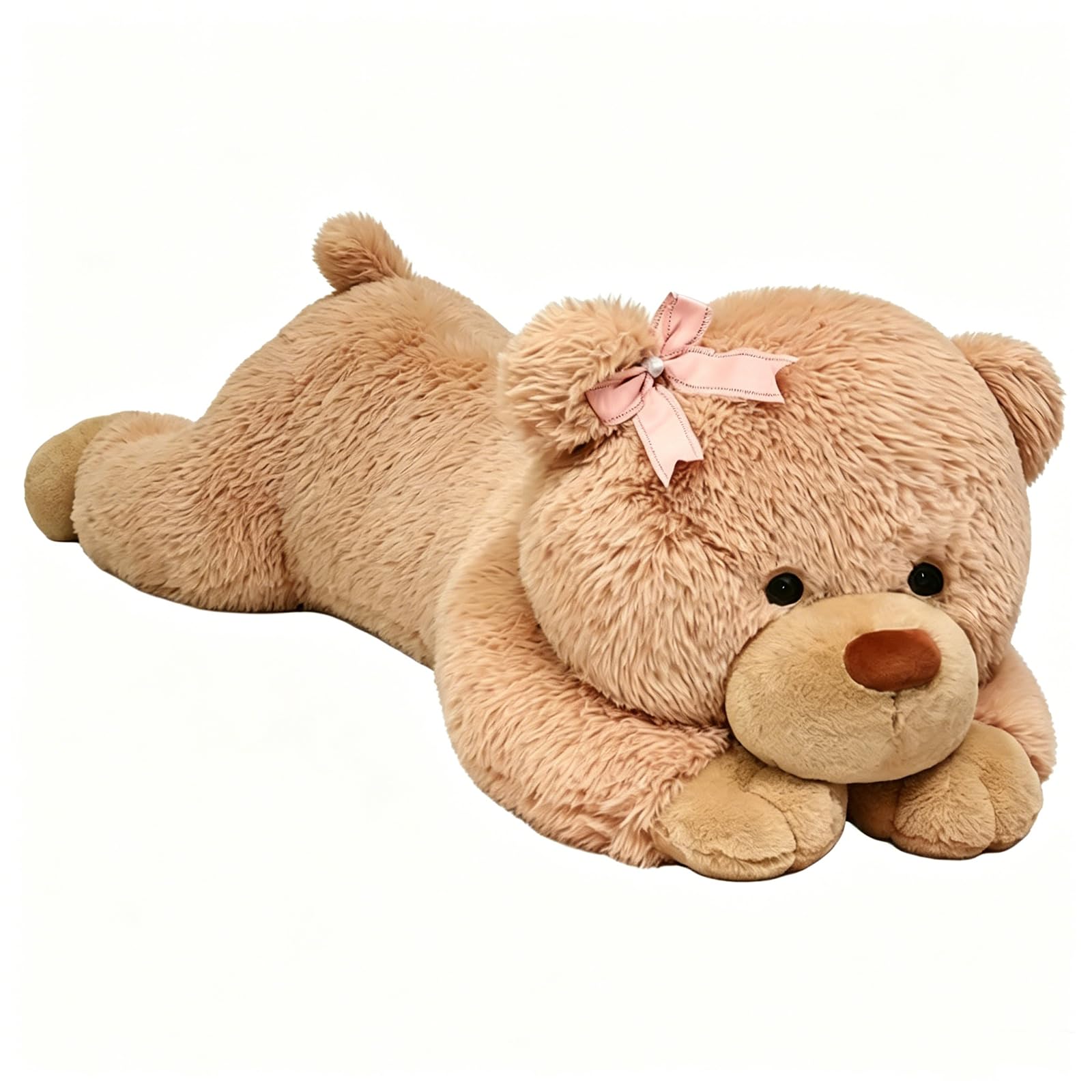 Niedlicher Rosa Teddybär Plüschtier, weicher liegender Bär Kuscheltier mit Schleife, süßes Plüschtier Teddy, weiches Stofftier Geschenk für Kinder Mädchen und Jungen (110cm,zong)