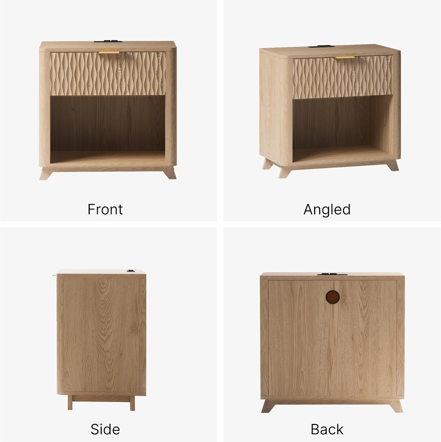 Fluted Nightstand, 22" Boho Modern Bedside Table with Drawers, Wide Nightstand with Charging Station for Bedroom, Natural Oak