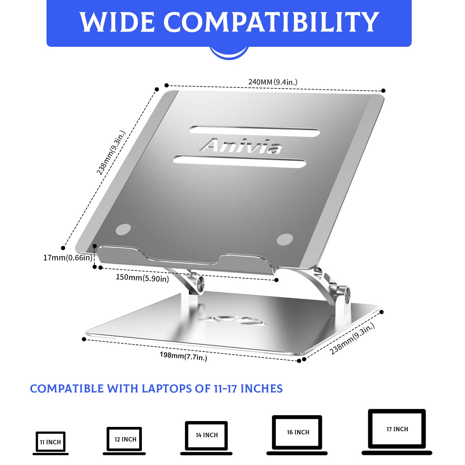 Support réglable pour ordinateur portable - Pliable - En métal - Compatible avec ordinateurs portables de 10 à 15,6 pouces - Argenté