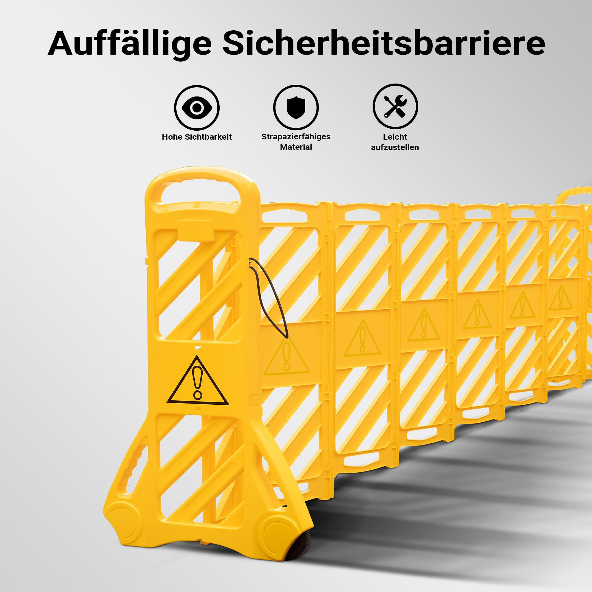 Wiltec mobile Absperrung aus Kunststoff faltbar 60 x 32 x 101 cm, Mobilzaun ausziehbar bis 3,9 m mit Rollen, Absperrzaun aus robustem Material
