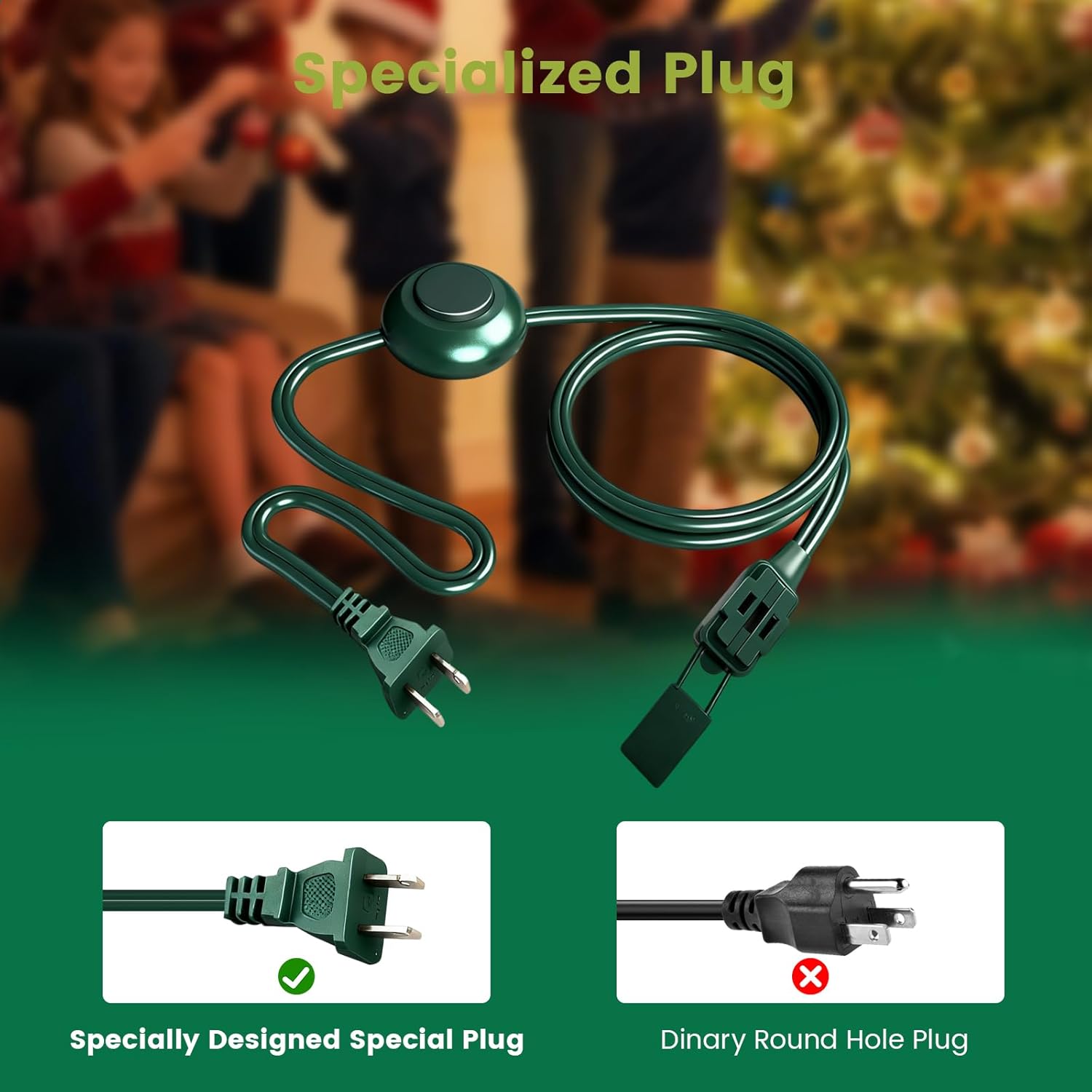 Christmas Tree Cord with 3 Outlets Foot Switch, Green Extension Cord 8.8 FT for Christmas Lights/Tree/Tree Topper