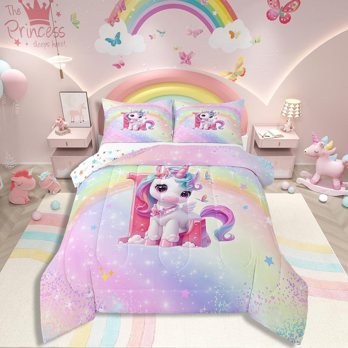 Rainbow Unicorn Comforter Set Queen,Purple Unicorn Kids Bedding Sets for Girls Alphabet Monogram L Bedding for Teens Children Adults Room Decor All Season,Lovely Gradient Glitter Quilt,Pink