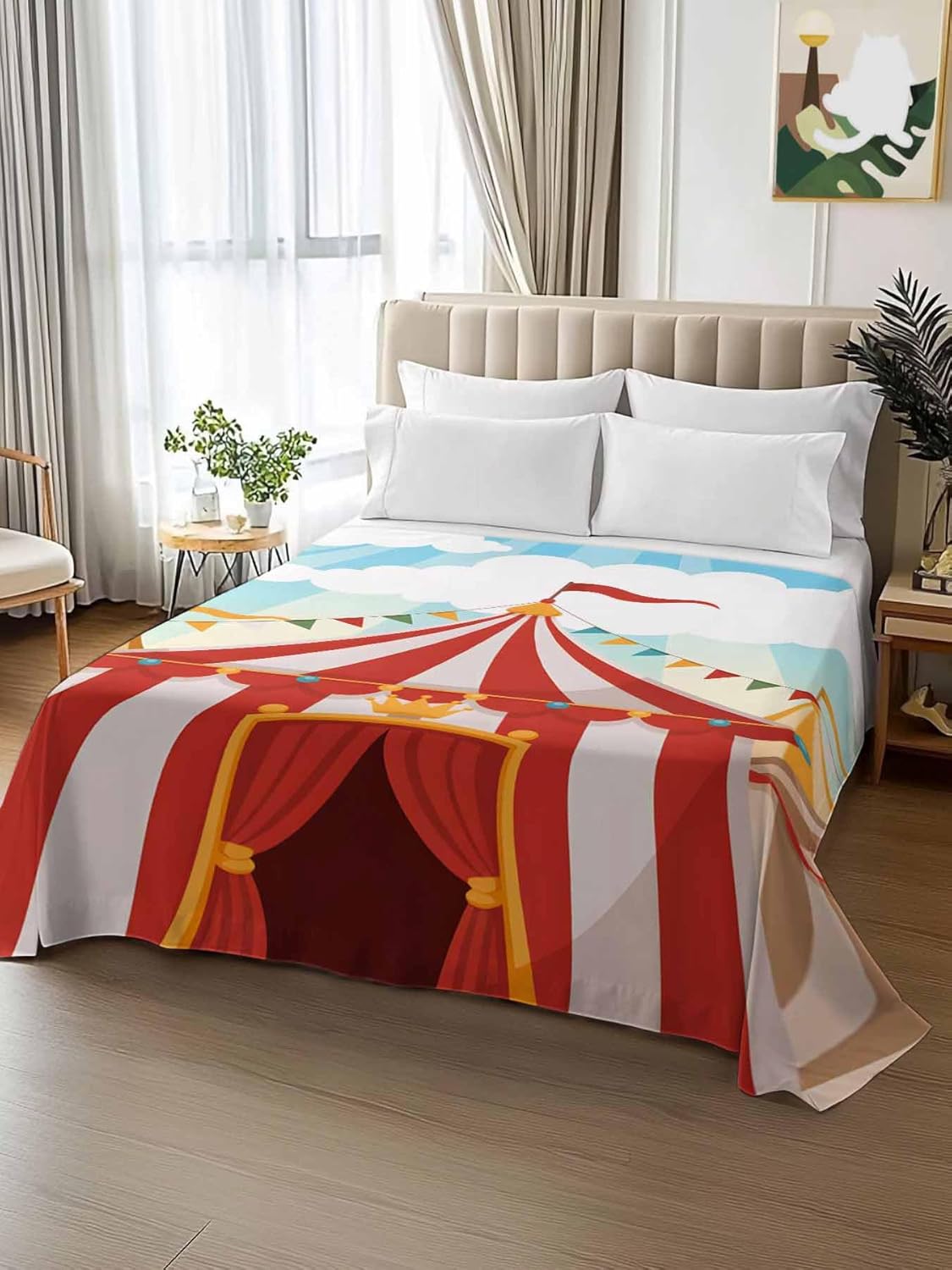 Full Flat Sheet, Cartoon House Full Bed Sheets Only, Soft Microfiber Flat Sheet, Funny Playground Blue Sky White Cloudy Hotel Quality Bedding Top Sheet Bedroom Home Dorm Decor