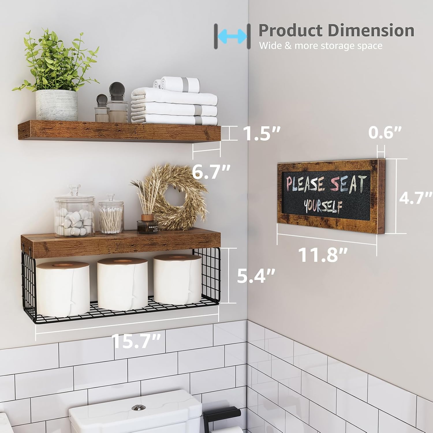 QEEIG Bathroom Shelves Over Toilet - Paper Storage Wall Mounted Farmhouse Decor Decorations Chalkboard Small Floating Shelf 2+1 Set 16 inch, Rustic Brown (021BN)