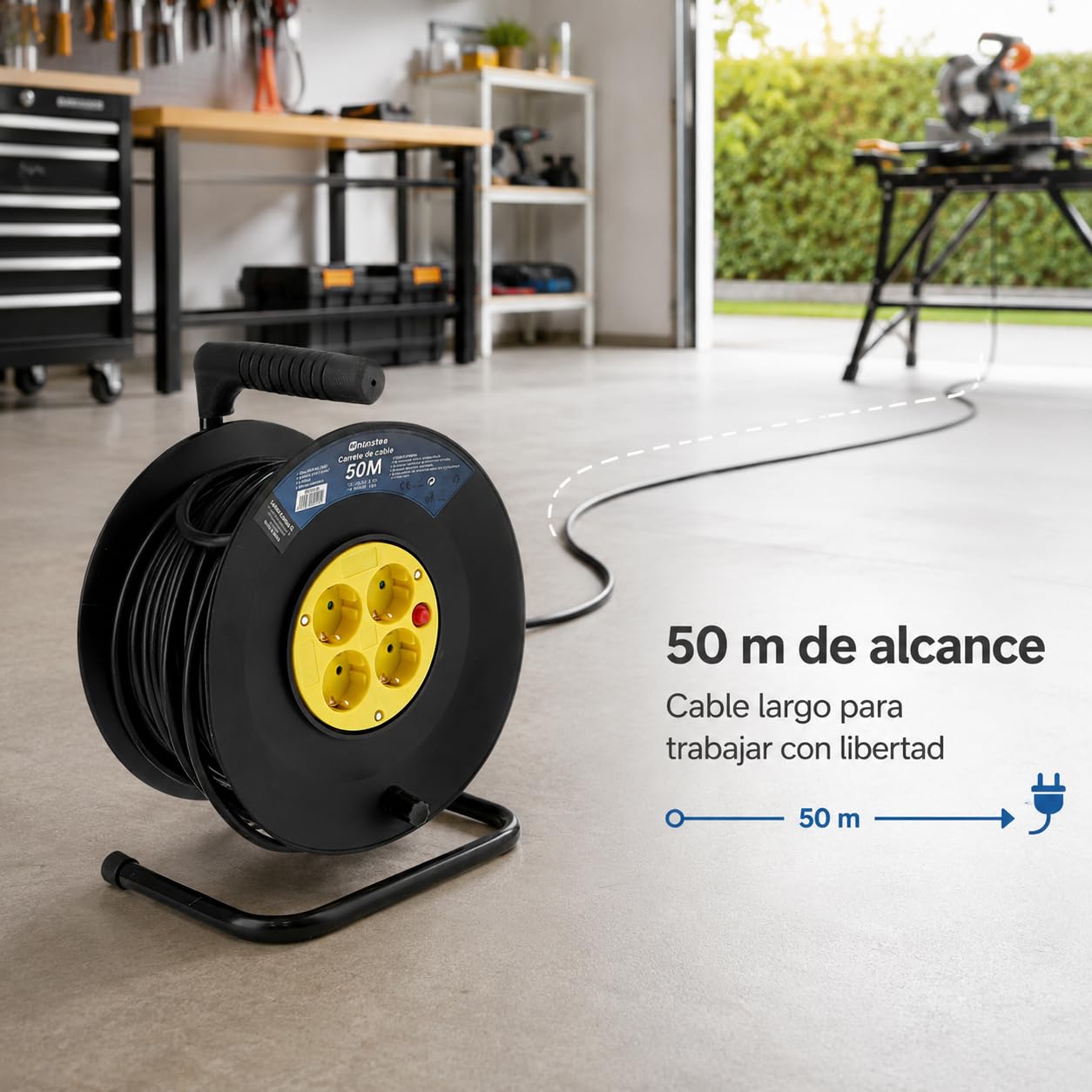 M mimotec - Zewnętrzny zwijacz kabla 50 m 4 gniazda 3200W 16A | Kabel H05VV-F 3G1,5 mm² | Ochrona dzieci | Przedłużacz elektryczny do ogrodu, garażu i warsztatu