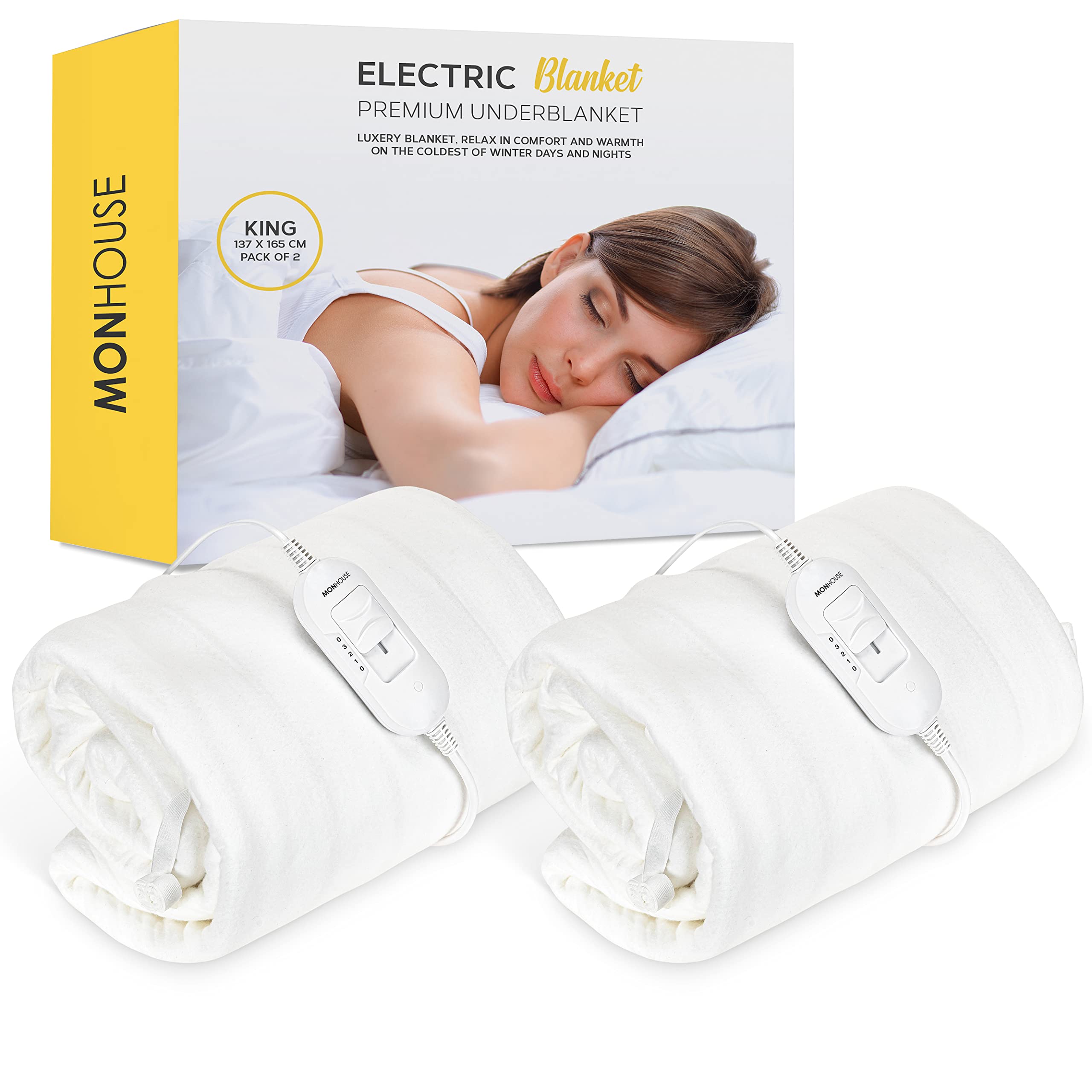 Monhouse White Premium Soft Fleece Electric Blanket - Heated Under Blanket - Fully Fitted Heated Mattress Cover - Detachable Controller & Machine Washable - 3 Heat Settings - King Size 137X165cm