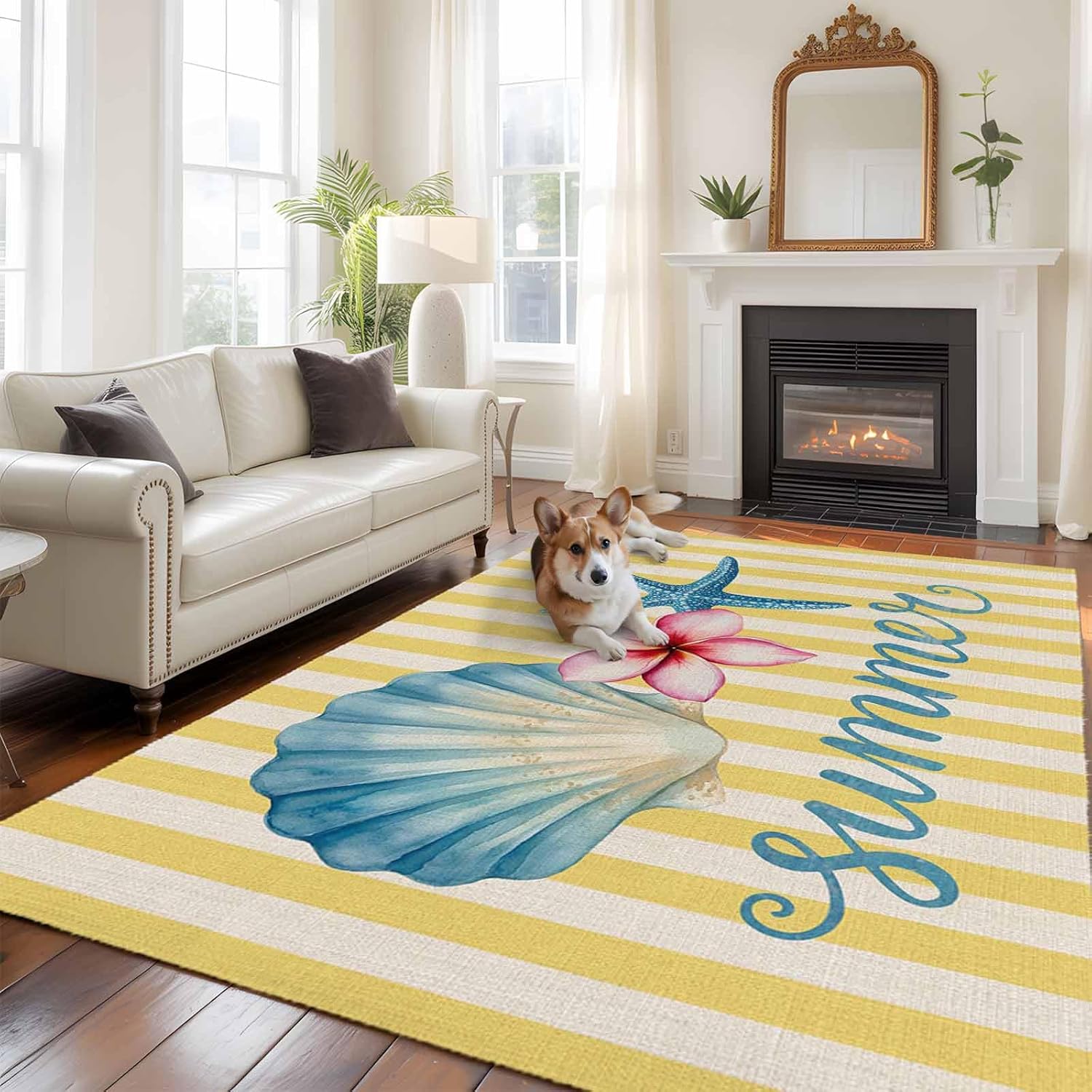 Area Rugs for Living Room, Summer Oceans Shells Garden Flowers Yellow Stripes Linen Non-Slip Rectangular Carpet 5′ x 7′ Washable Entryway Indoor Floor Runner Rugs for Bedroom Office Home Decor