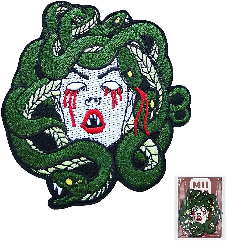Sad Bleeding Medusa Patch Cool Punk Goth Iron On Patch Sewing Anime Embroidered Patch Badge Applique for Clothes Jacket Jeans Cap Bag