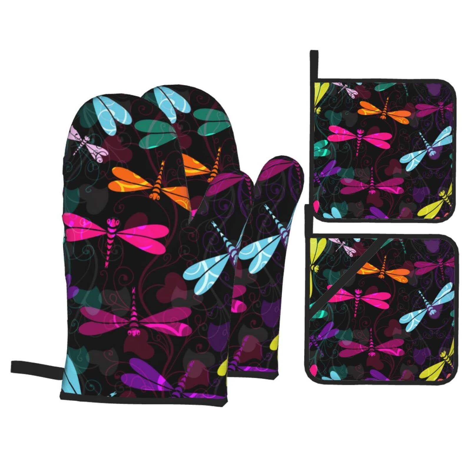 Cute Dragonfly Print Kitchen Baking Four Piece Set of Heat Resistant Thick Cotton Oven Mitts for Cooking, Baking and Grilling