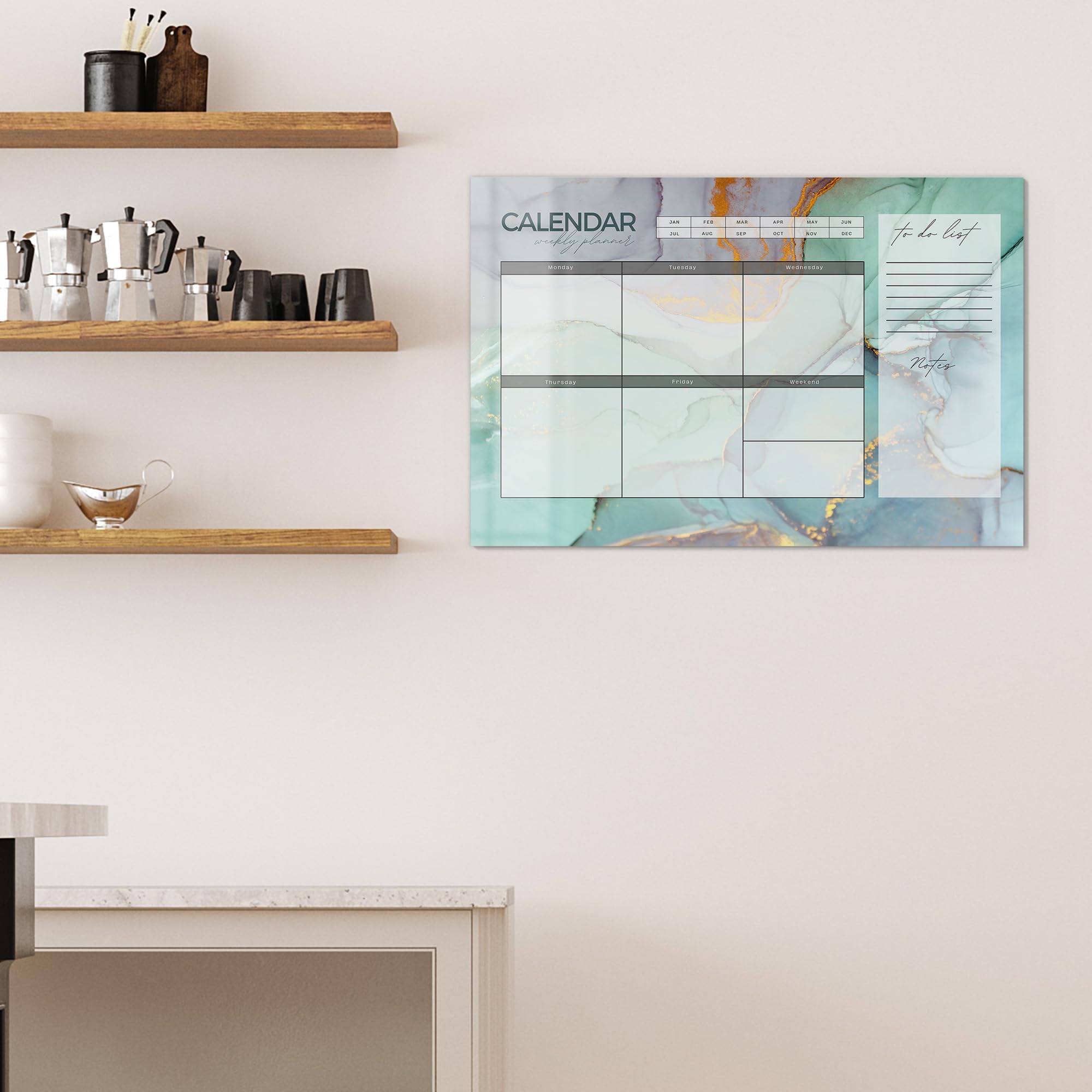 DEQORI Lavagna magnetica in vetro | 90 x 60 cm | motivo "Agenda settimanale menta (EN)" | Lavagna magnetica con magneti, penna e panno per cucina e ufficio, lavagna magnetica e scrivibile