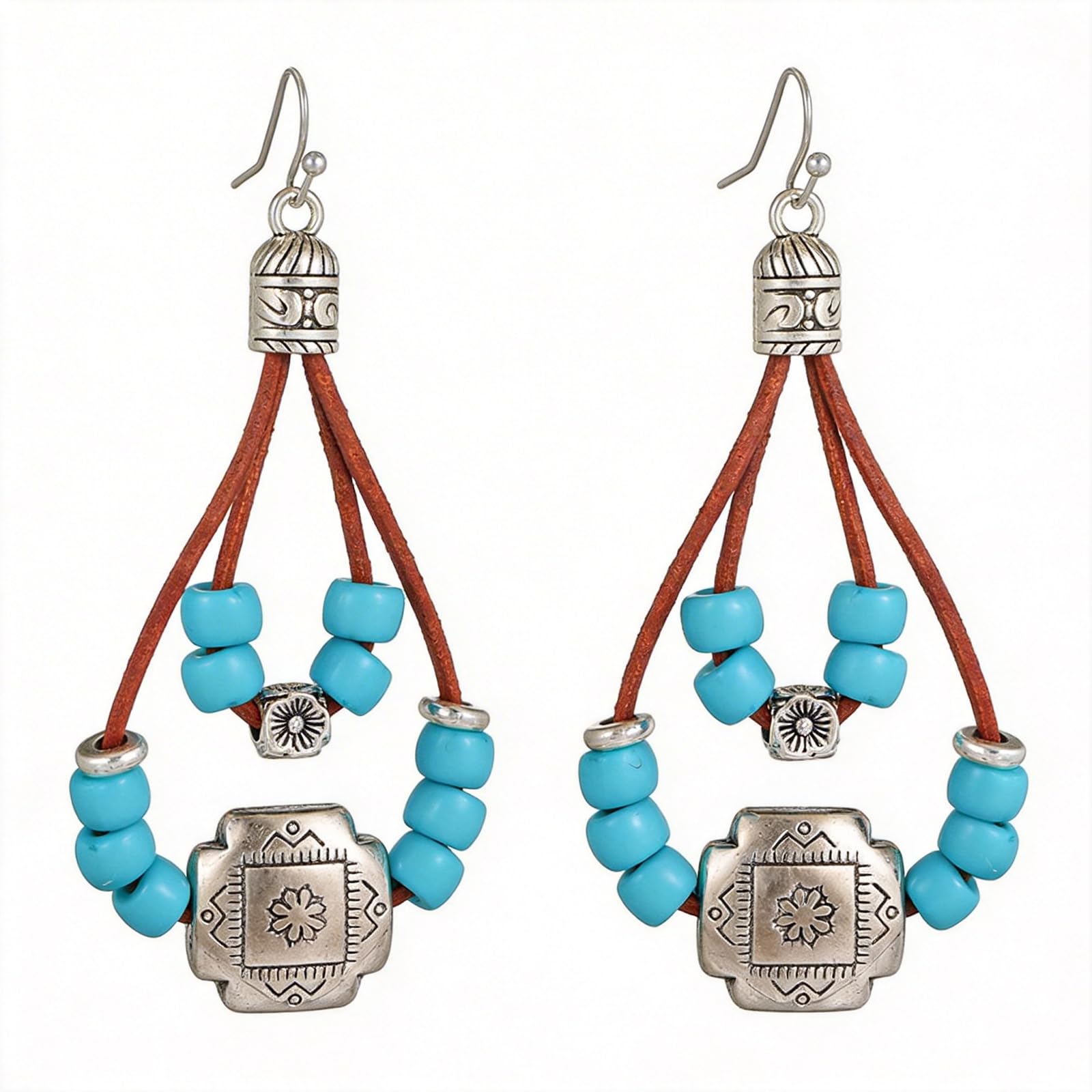 Western Outfits Earrings for Women,Turquoise Boho Earrings, Vintage Handmade Floral Charm Teardrop Brown Leather Dangle Earrings, Country Western