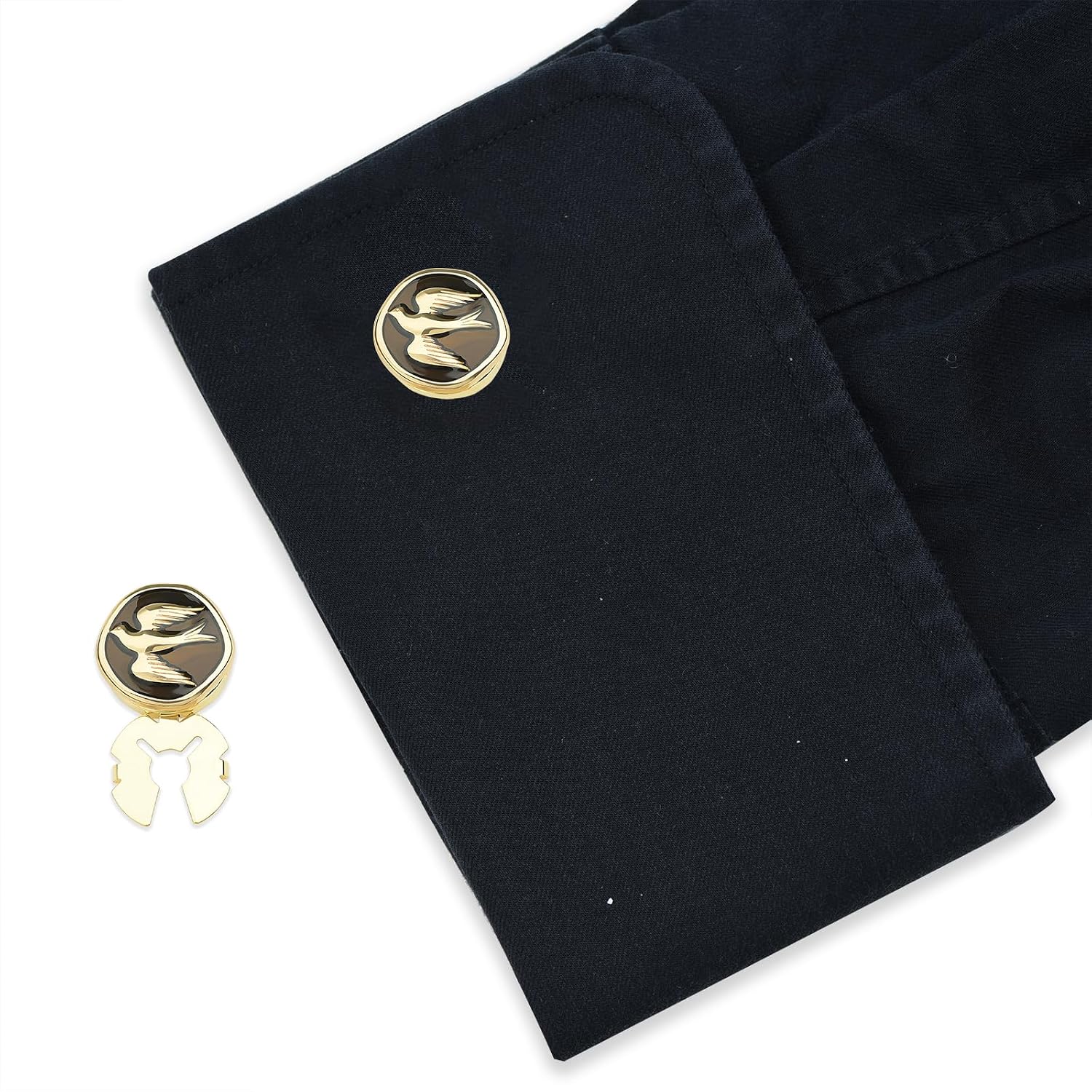 Vintage Black Enamel Swallow Cufflinks and Button Cover Set,Round Design, Formal Wear Accessories for Men Women, Wedding and Special Events image 2