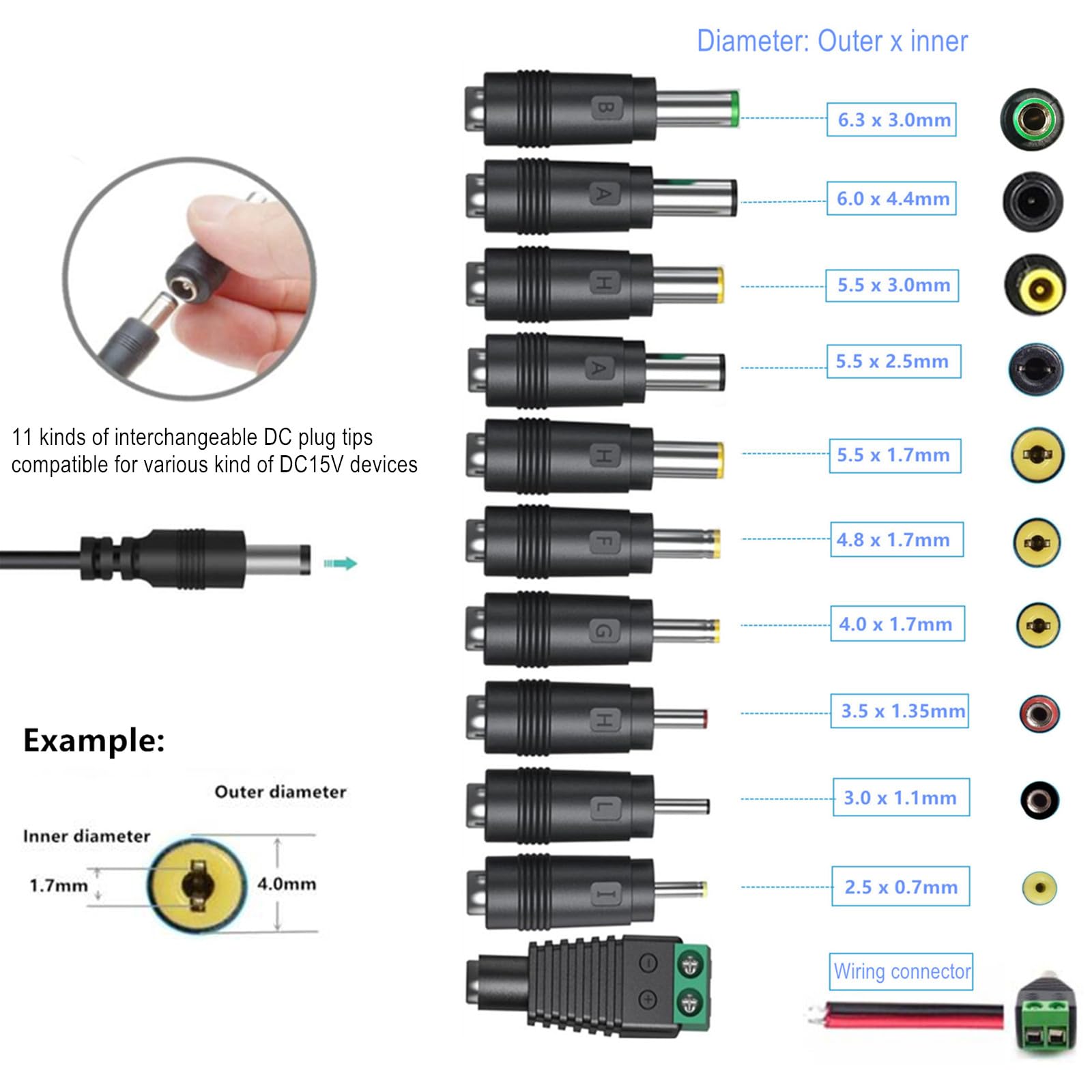 Fuente de alimentación universal de 15 V 3 A 2 A con 11 puntas de enchufe CC intercambiables CA a CC 15 voltios 2.5 A 2 A 1.5 A 1 A cable adaptador de corriente de conmutación adaptador de CA
