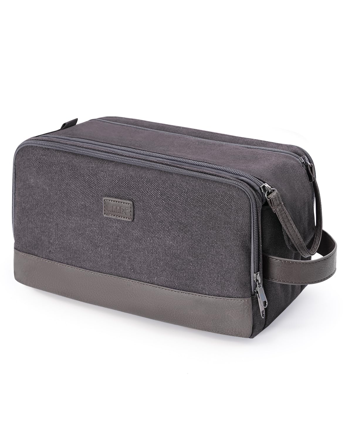 WANDF Toiletry Bag for Men Travel Toiletry Organizer Canvas and Leather Dopp Kit Water-Resistant Shaving Bag for Travel Accessories (Grey, Large)