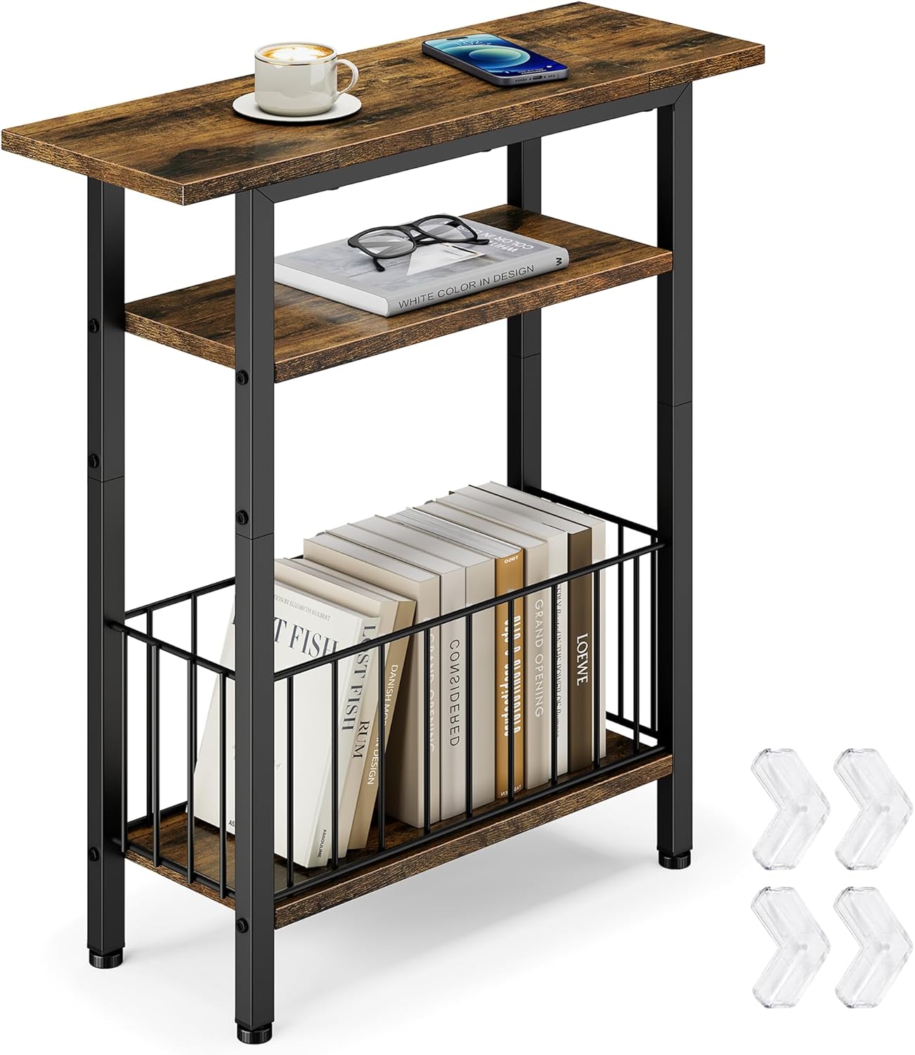 Vagusicc Narrow Side Table, 3-Tier Skinny End Table for Couch Sofa, Small Side Tables for Small Spaces, Bed Side Table with Storage, 25.2" Tall Slim Nightstand for Living Room, Bedroom, Rustic Brown