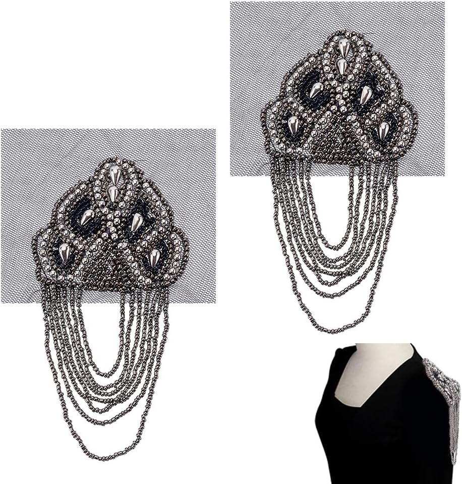 AHANDMAKER 2Pcs Rhinestone Beaded Shoulder Epaulets, Black Tassel Fringe Epaulettes Metal Decorative Shoulder Brooches for Stage Costume Halloween Christmas Party Theater Cosplay Uniform Accessories