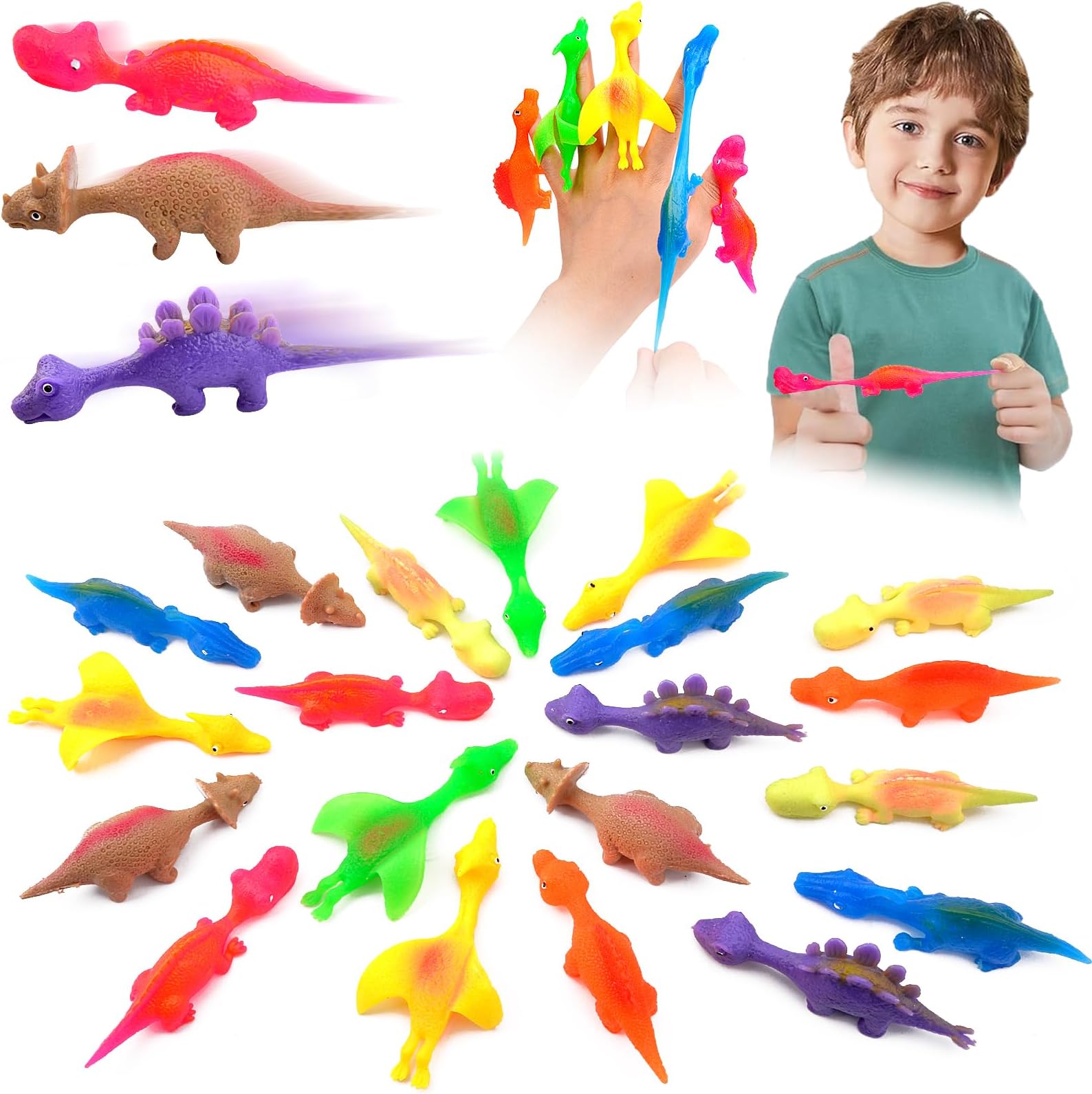 Pipihome 20pcs Slingshot Dinosaur Finger Toys, Dinosaur Toys, Finger Puppet Slingshot Toy, Perfect for Kids Parties & Gifts
