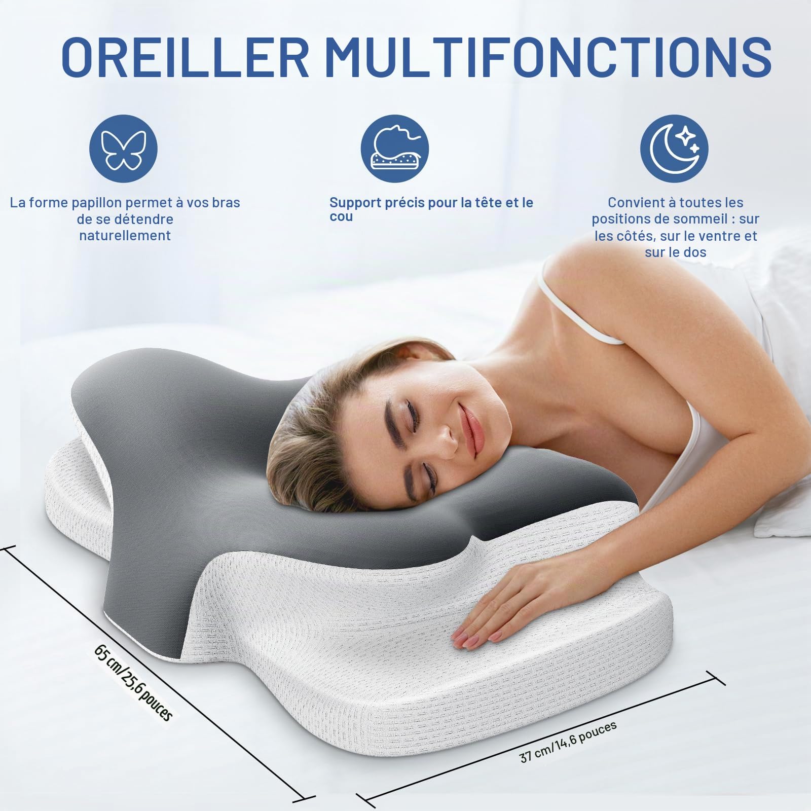 Ehomfory Oreiller Ergonomique Cervical 2 en 1 Oreiller Memoire Forme pour la Nuque, Coussin pour Dormir sur Le côté, Le Dos et Le Ventre, Gris