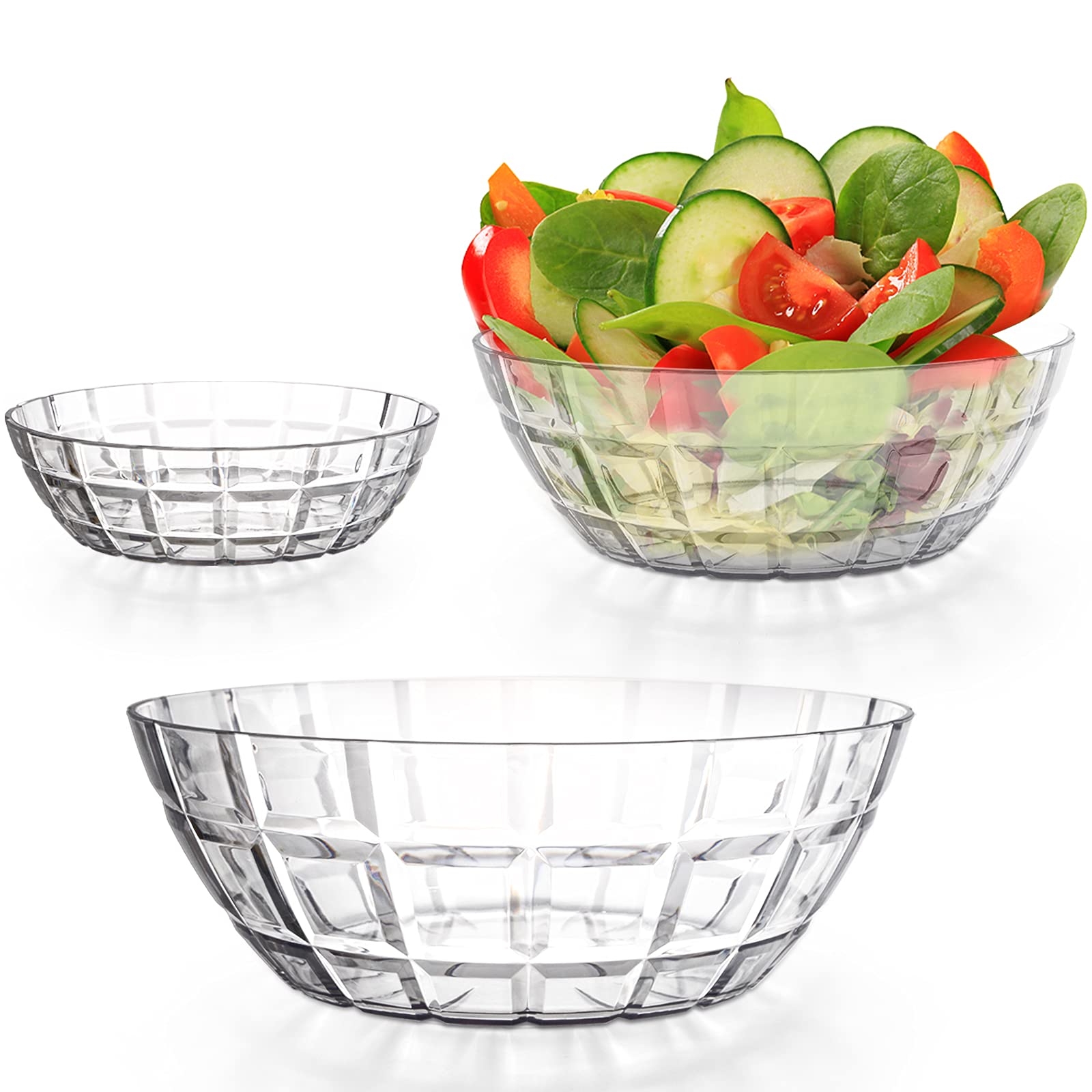 Okllen Zestaw 3 szt. przezroczystych plastikowych salaterek, 396,9 g/1,47 g/3,260 g, do mieszania i serwowania popcornu, chipsów i sosów, tekstura siatki, odporna na pękanie