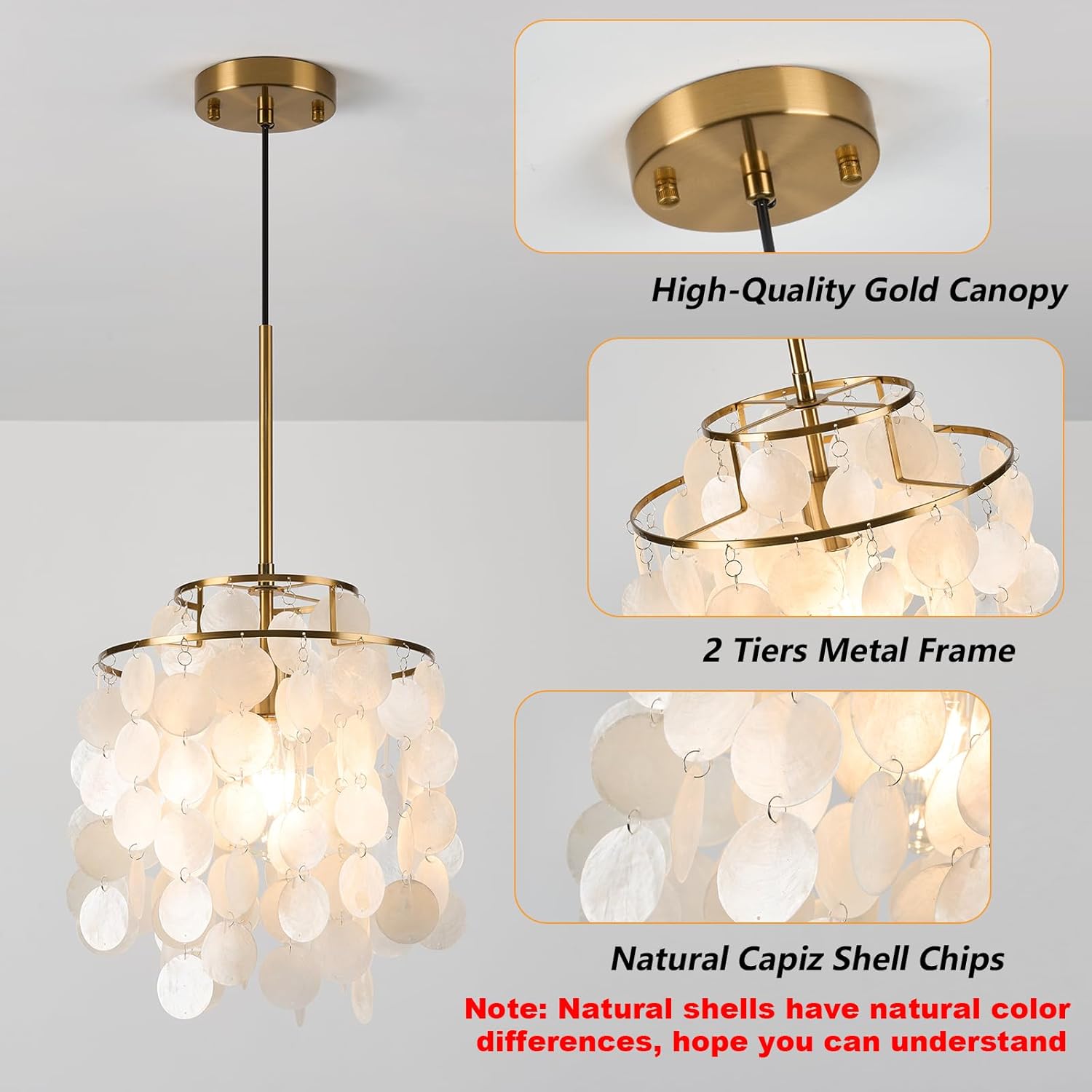 Capiz Shell Pendant Light 2 Tiers Round White Chandelier Coastal Ceiling Hanging Fixture for Living Roo,Dining Table, Bedroom, Kitchen, Foyer,W-11''