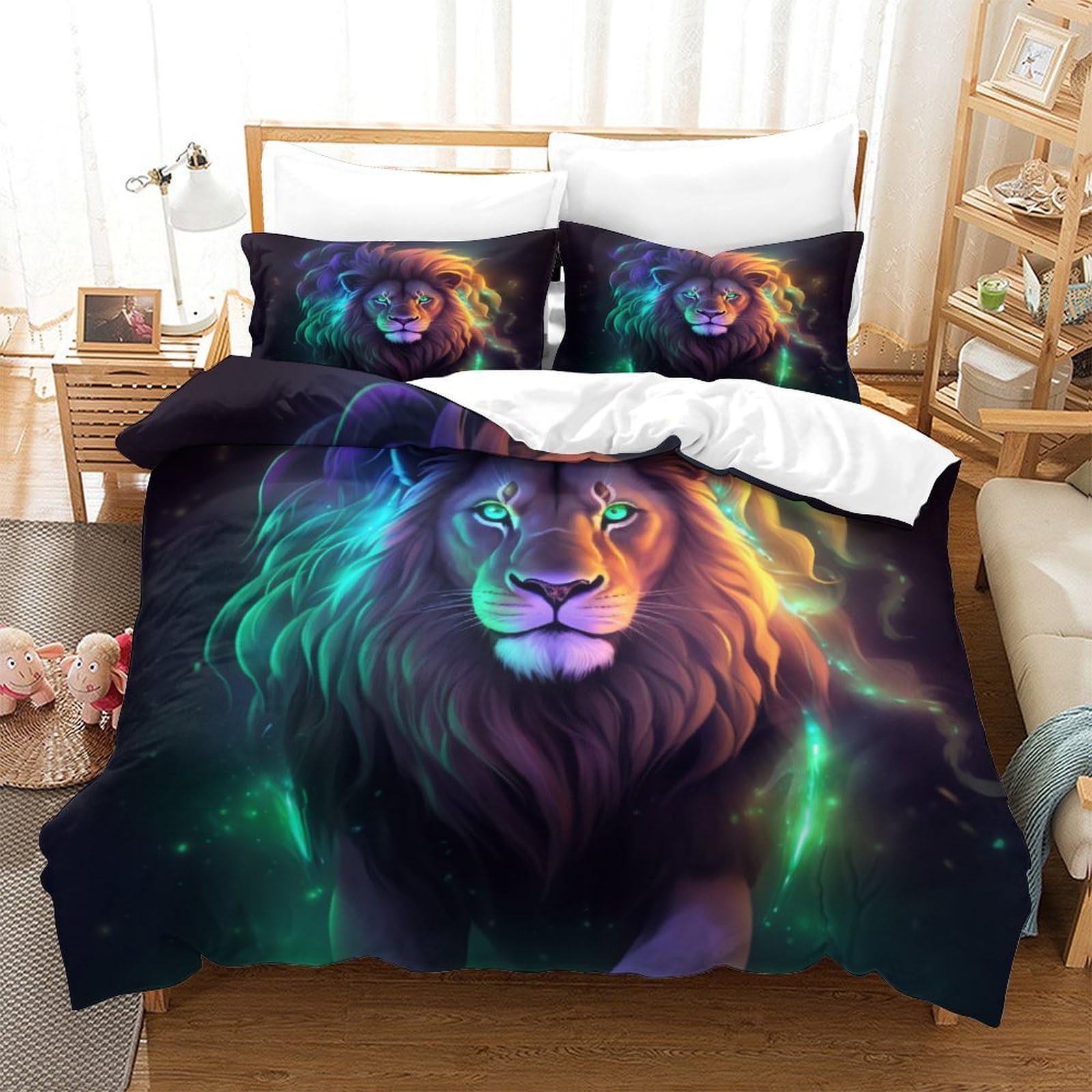 Housse de couette et taies d'oreiller 260x220 microfibre hypoallergénique lion