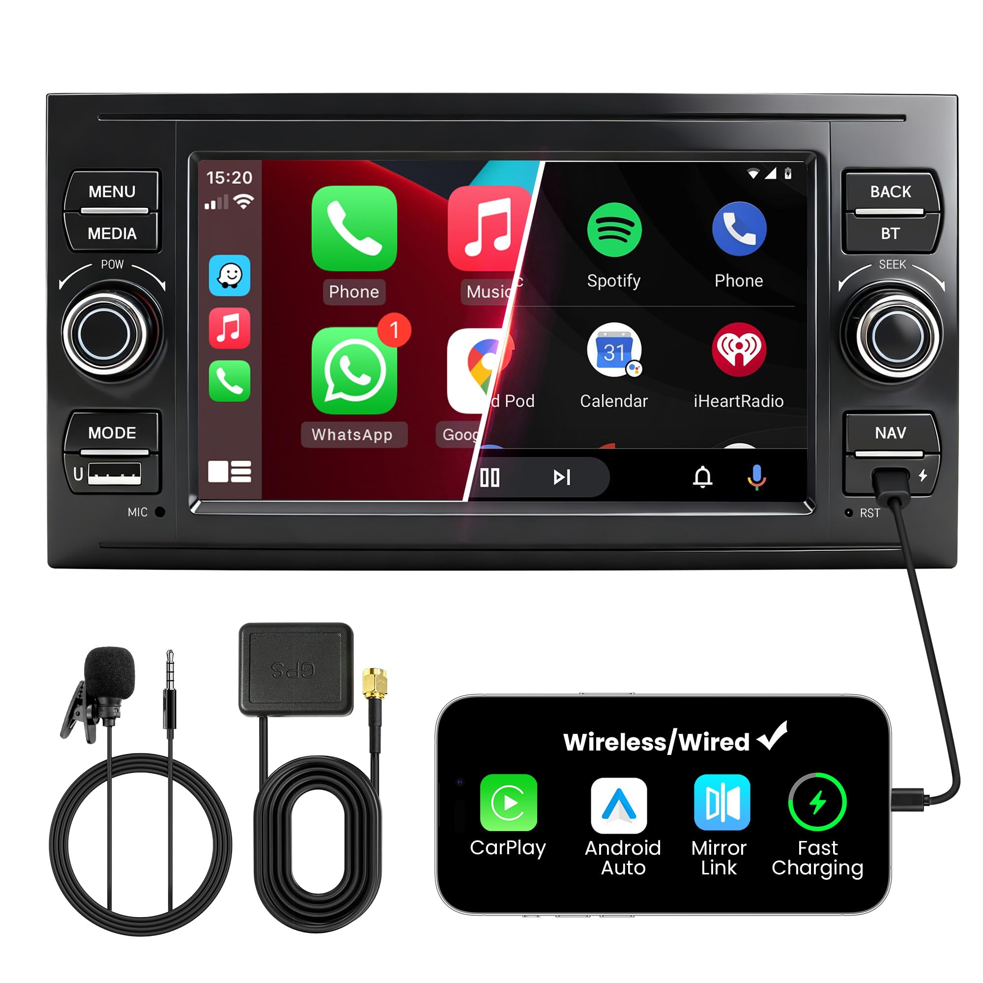 Doppel DIN Autoradio mit Bildschirm für Ford Transit Fiesta Focus Mondeo Kuga, Wireless CarPlay & Android Auto, 7" Auto Radio Touch Display, 4GB+64GB, Bluetooth 5GHz WiFi DAB+ FM AUX GPS