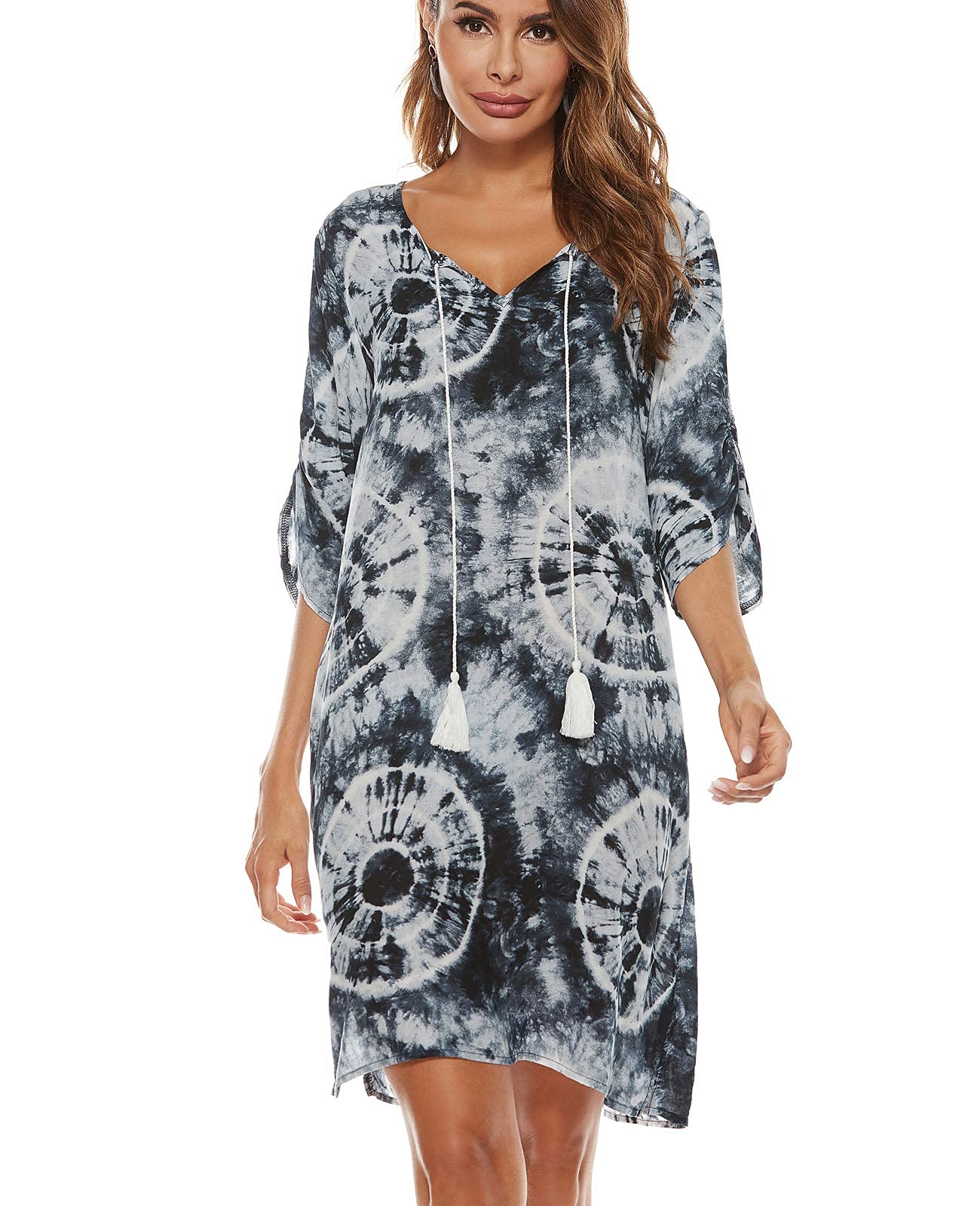 BDTECAOR Damen Vintage Ethnostil Blumenmuster Bohemian Tunika Kleid V-Ausschnitt 3/4 Arm Strandkleider Sommerkleider
