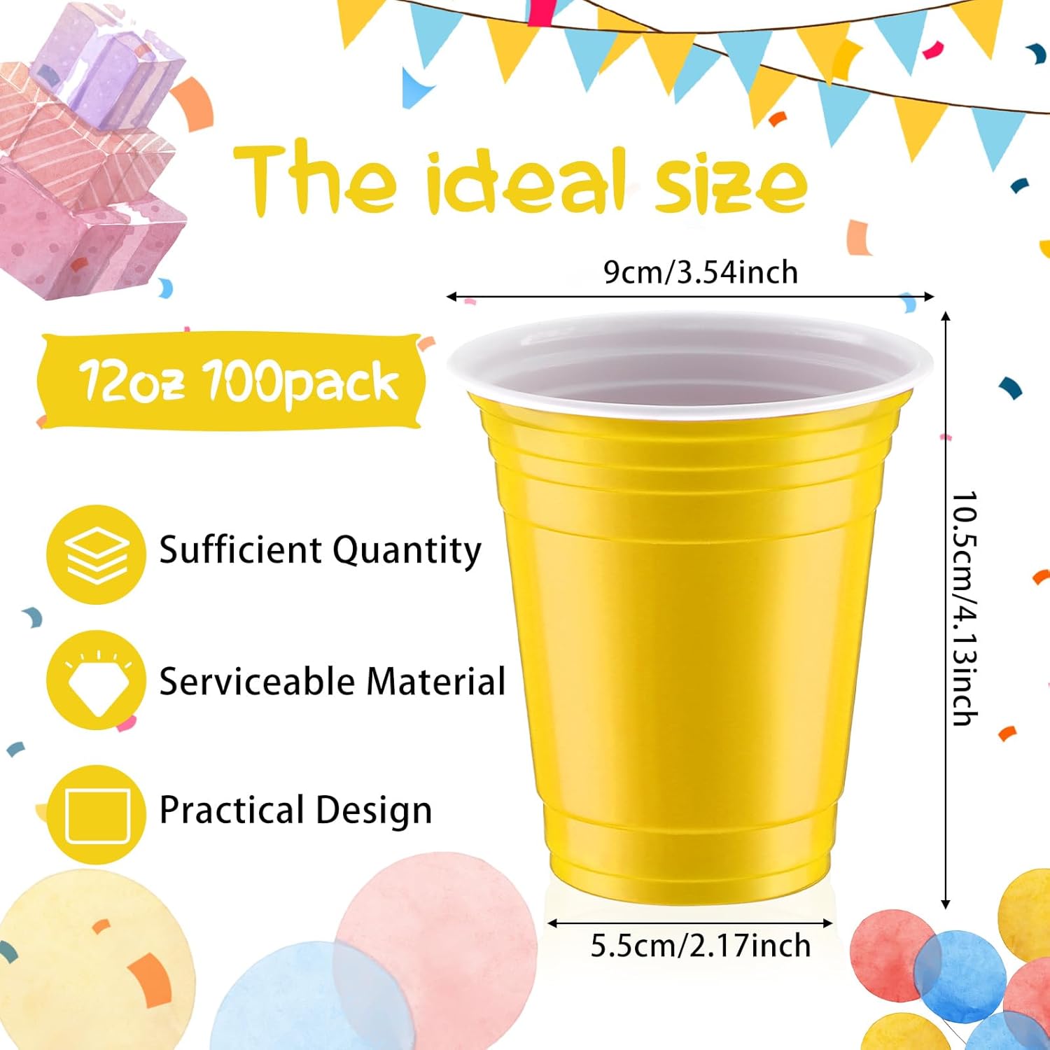 Sabary 100 Pack 12oz Valentine Plastic Cups St. Patricks Day Heavy Duty Drinking Disposable Cups with Lines for Beverage Holiday Camping Barbecues Birthday Party Outdoor Picnic(Yellow and White) - Image 2