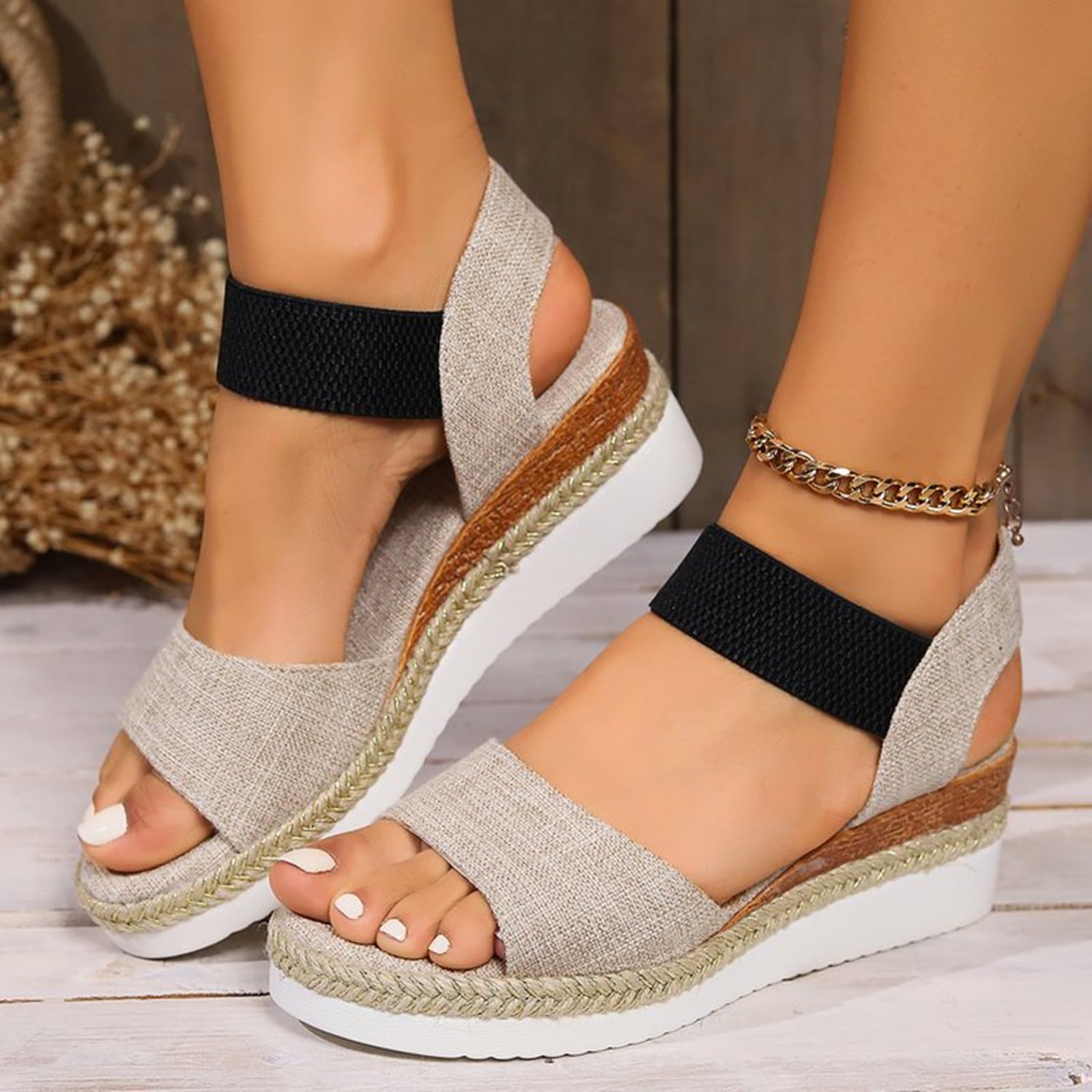 Sandali da spiaggia da donna con zeppa, sandali da donna con vestibilità larga, comodi e facili da indossare e togliere, con elastico e fondo spesso, alla moda, in lino, per la casa, per i pendolari