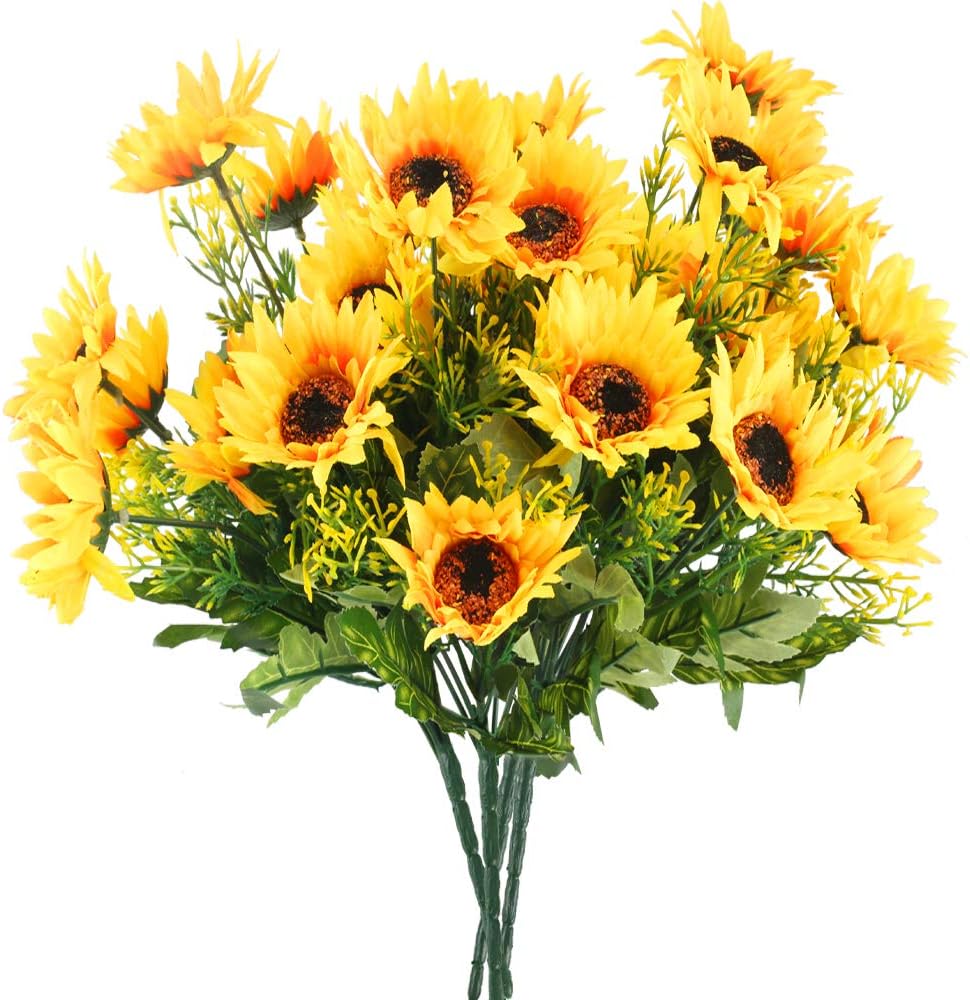 HUAESIN 4 Pcs Sunflowers Artificial Silk Sunflower Bush Fake Sunflowers Bouquet Plastic Flowers Plants Faux Floral Table Centerpieces Arrangements Home Kitchen Grave Autumn Christmas Decorations