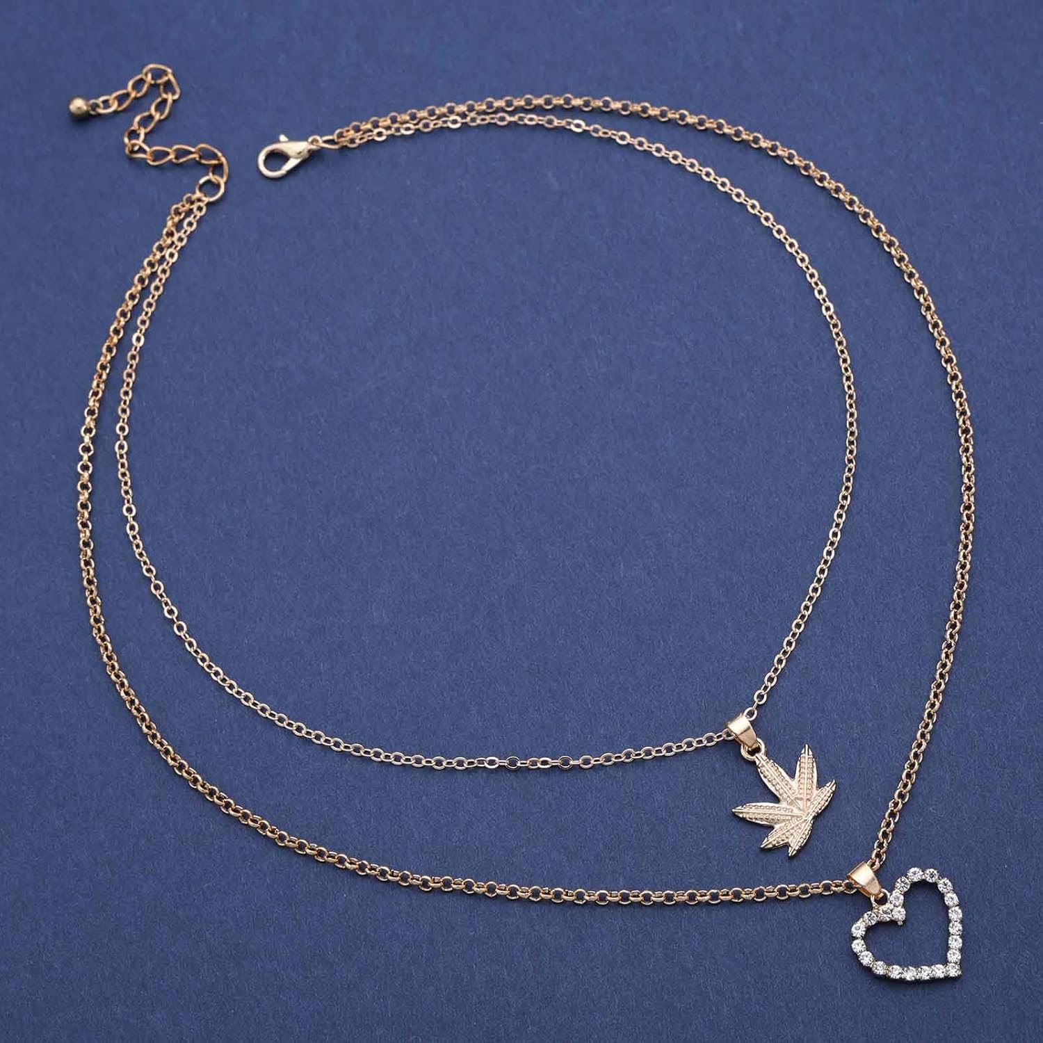 Bohemian Layered Crystal Heart Choker Necklace Gold Leaf Pendant Necklace Hollow Cz Heart Collar Necklace Small Maple Leaf Chain Necklace Jewelry for Women - Image 3