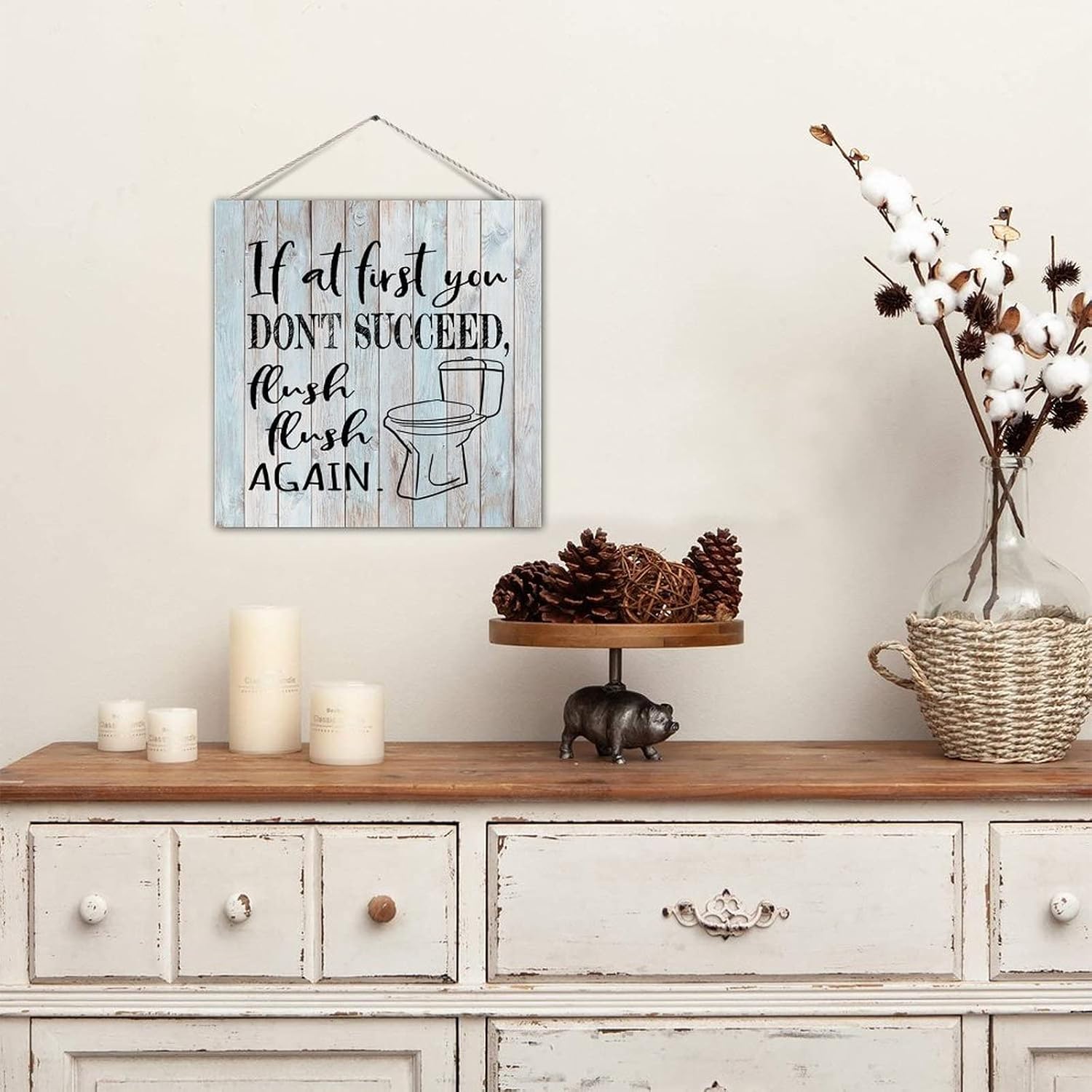 Funny Bathroom Sign If at First You Don't Succeed Flush Again Farmhouse Wood Wall Pediment with Quote Inspirational Bathroom Wall Sign Wall Decor for Toilet Toilet