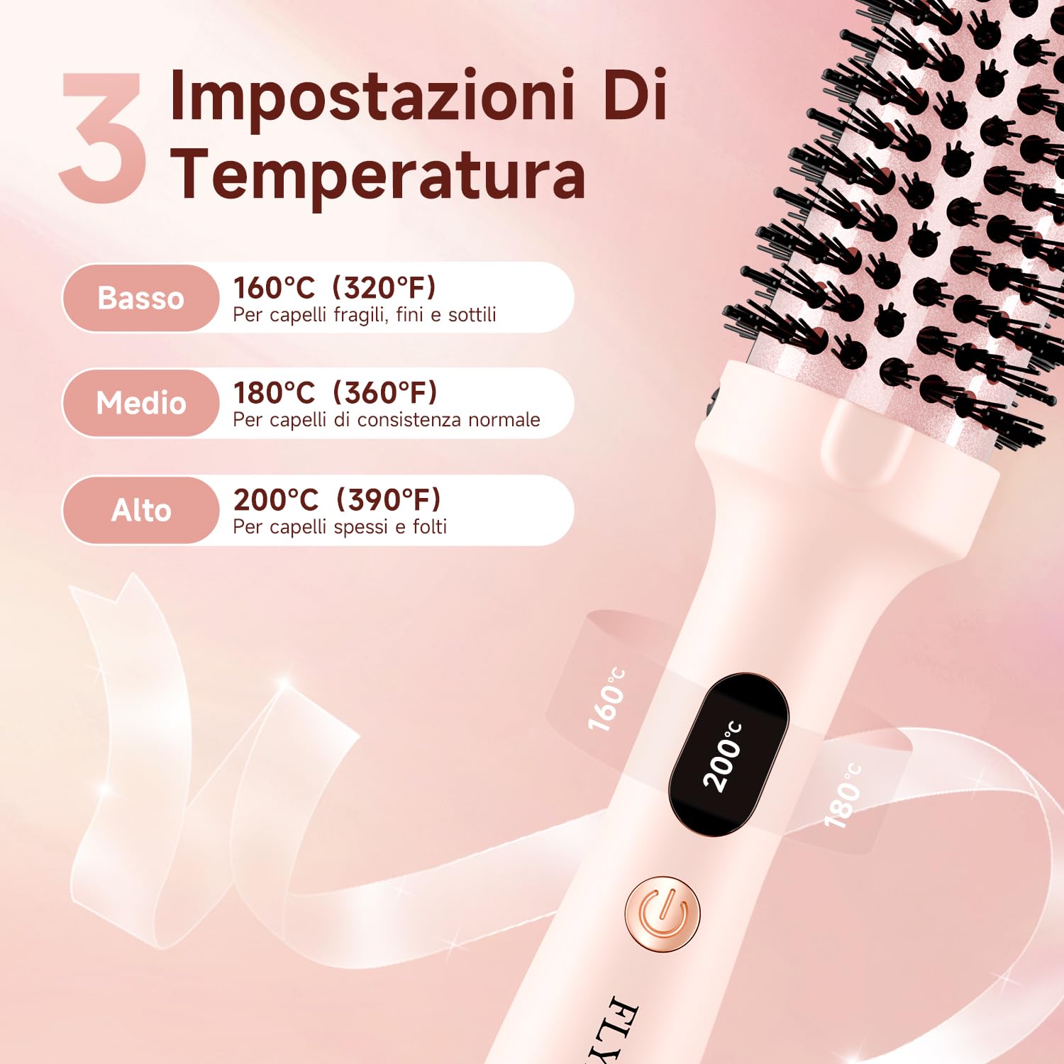 3 in 1 Ceramic Tourmaline Thermal Brush 38 mm Smoothing & Curls with 3 Temp Heating 30s Anti Scalding (Pink)